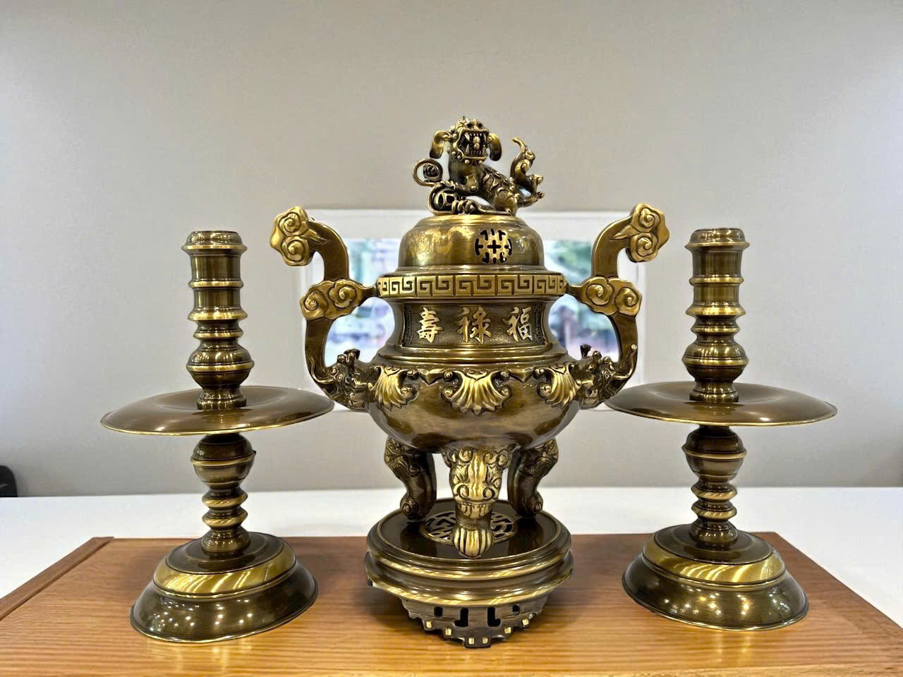 Bộ ngũ sự hoa sòi đồng vàng thau làm màu giả cổ cao 45cm _thumbnail_0