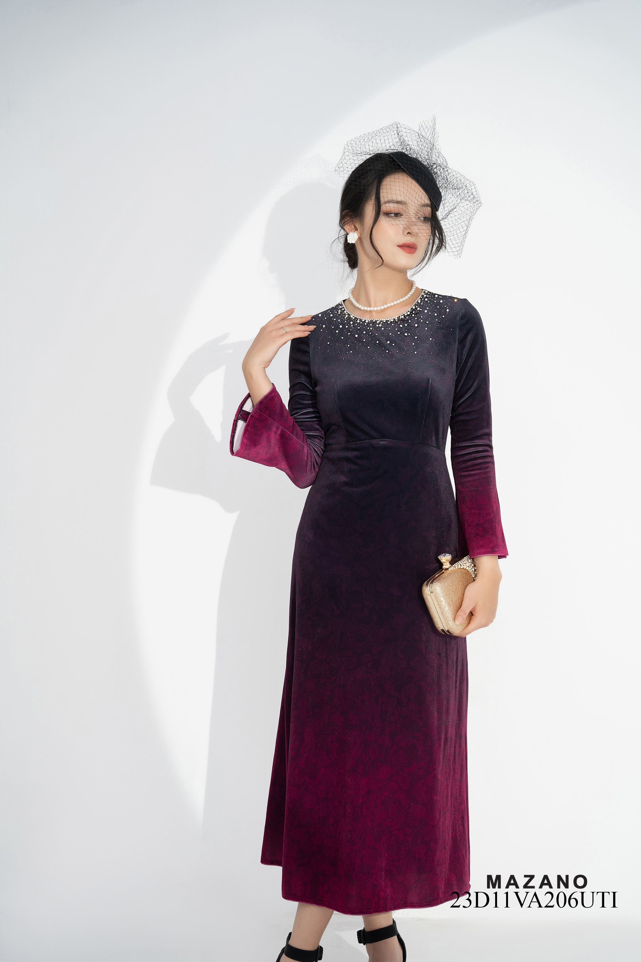 Váy Đầm ôm Chân rủ Vải nhung Họa tiết in chìm ombre Cổ tròn đính đá Tay dài Dài trên mắt cá chân