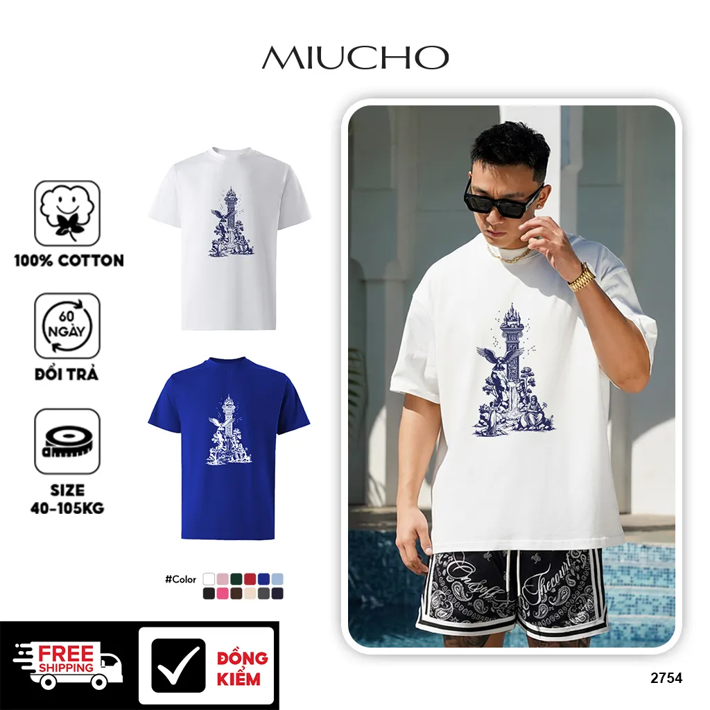 Áo thun form rộng Miucho Iconic cotton thoáng mát tay ngắn cổ tròn nhiều màu đủ size in chữ cái I 2754