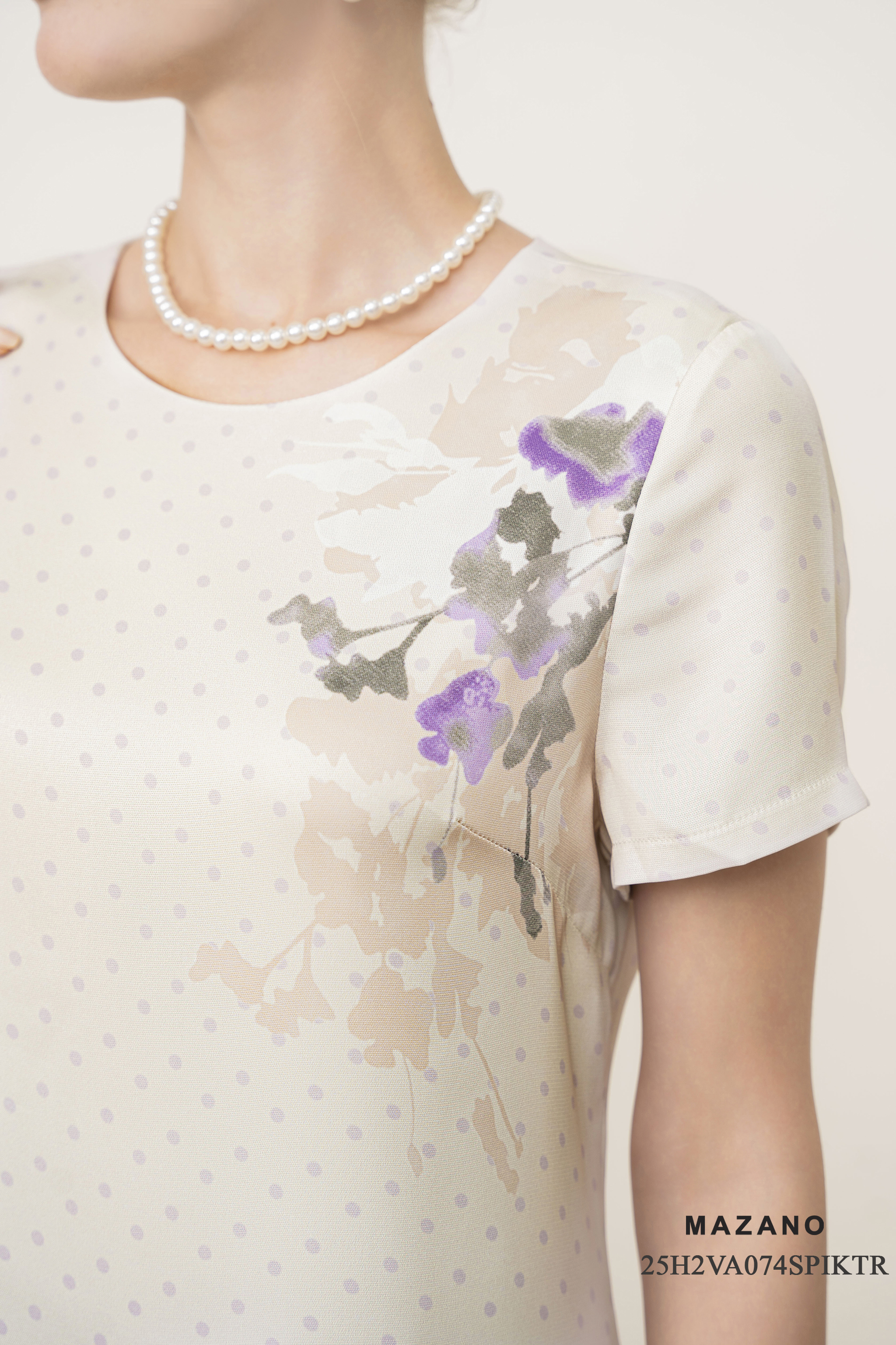 Váy Đầm Suông A Vải Thô lụa Hoạ tiết hoa oải hương Cổ tròn Tay ngắn Dài ngang bắp chân_thumbnail_4