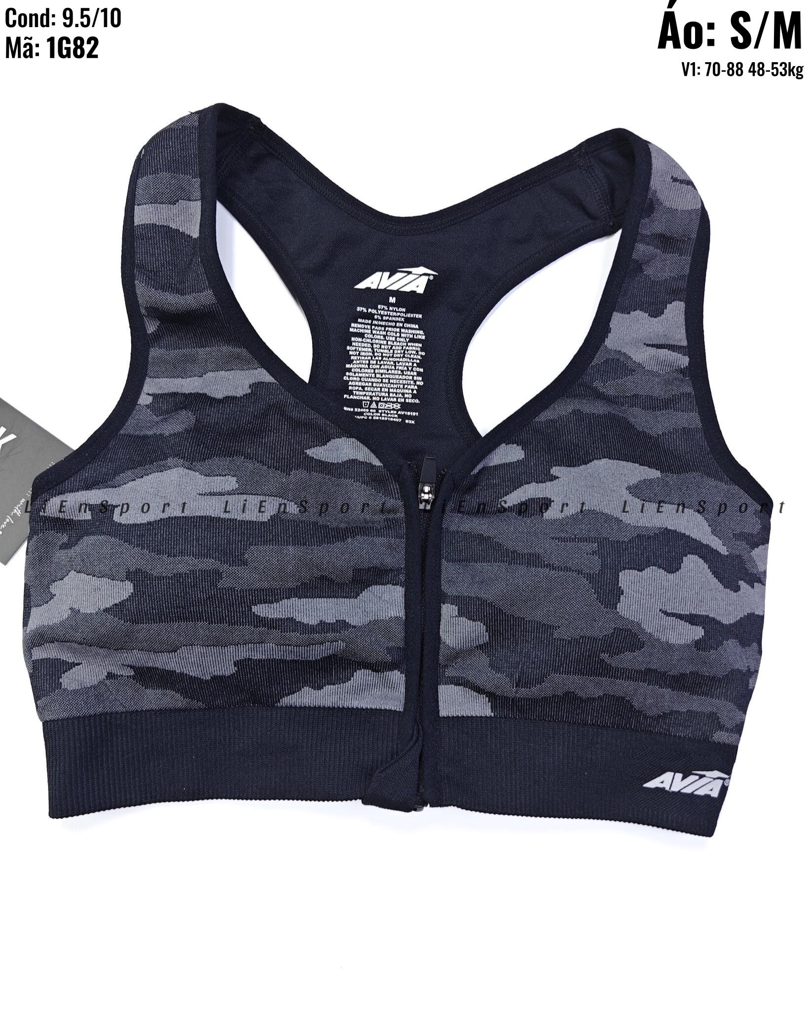 Avia Áo bra thể thao Nữ Size S Xám đen rằn ri Auth 2nd Dây vai bản to Khóa zip trước Vải dệt kim co giãn Thấm hút mồ hôi Nâng đỡ tốt Phù hợp gym yoga chạy bộ Mã:1G82