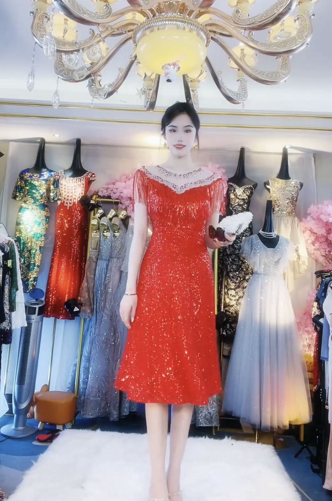 Đầm dạ hội dự tiệc kim sa lửng phối tua rua cao cấp_thumbnail_1