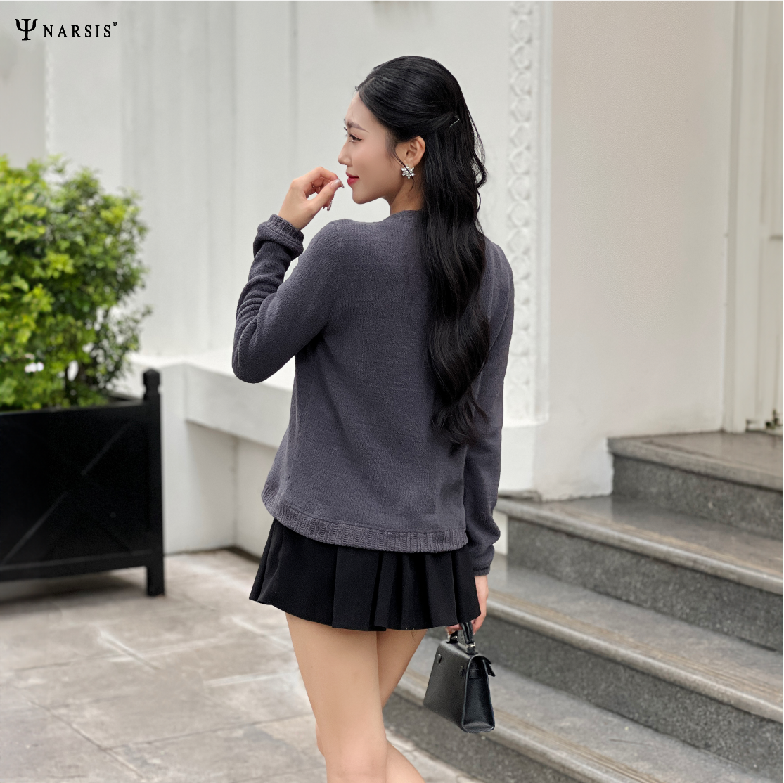ÁO CARDIGAN NỮ NARSIS DÁNG NGẮN CHẤT LIỆU LEN MỀM MỊN MÀU GHI ĐẬM PHONG CÁCH HÀN QUỐC L23032 NARS..._thumbnail_4