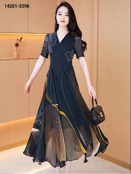 14201-Đầm voan cổ V tay ngắn in họa tiết lập thể ( voan, lót thun)_thumbnail_0