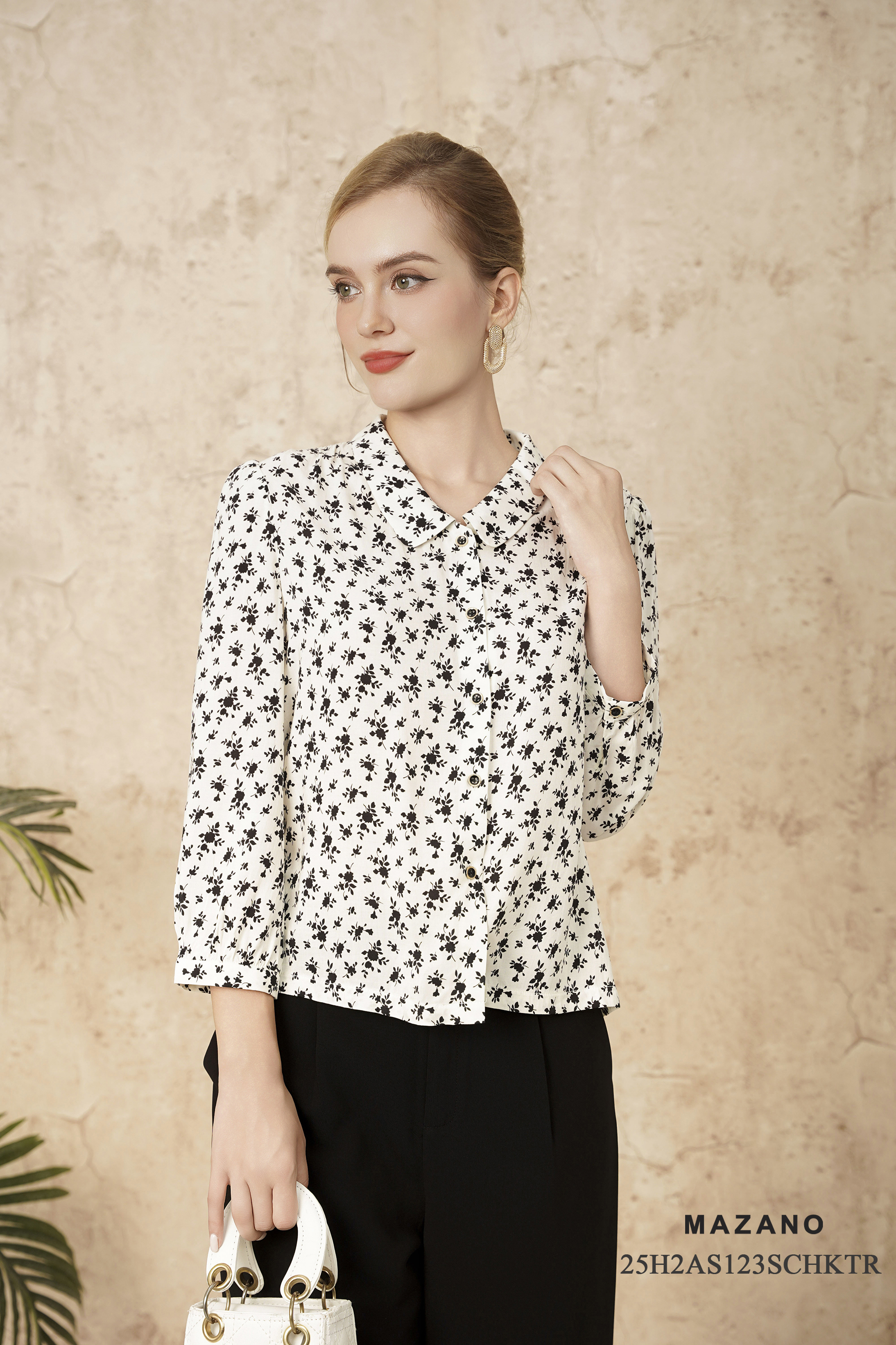 Áo sơmi Suông Vải cotton lanh Họa tiết hoa nhí Cổ lá nhỏ Tay Dài_thumbnail_2