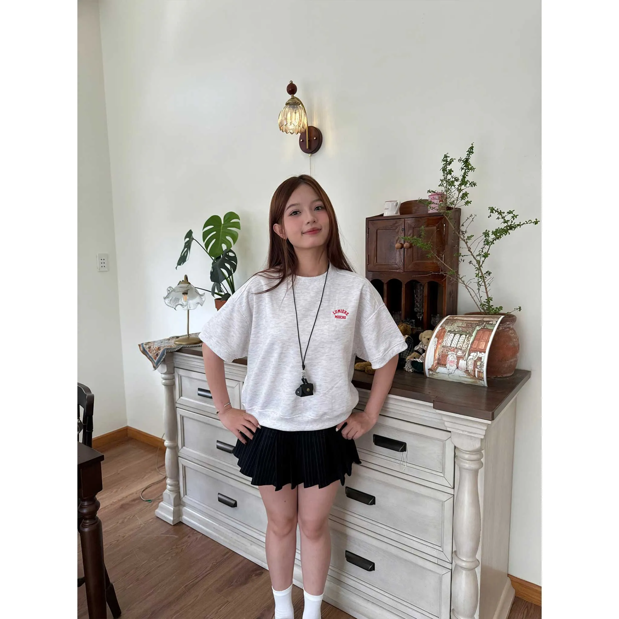 Áo sweater boxy thiết kế basic tay ngắn chuẩn form 2615 Miucho vải nỉ 2 da thoáng mát thấm hút mồ hôi tốt_thumbnail_5