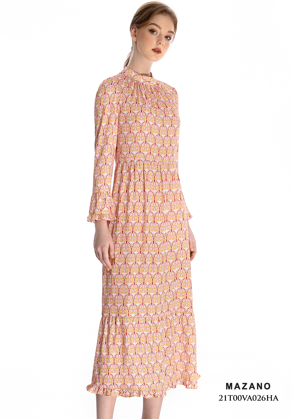 Đầm hồng họa tiết cổ cao bèo gấu