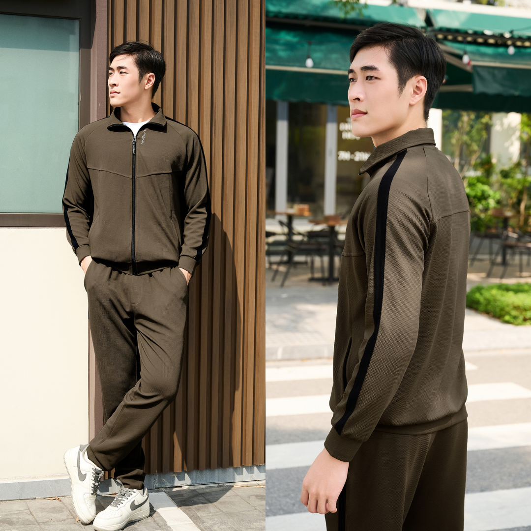 Bộ Nỉ Nam Khóa Kéo Sọc Đơn Màu Nâu