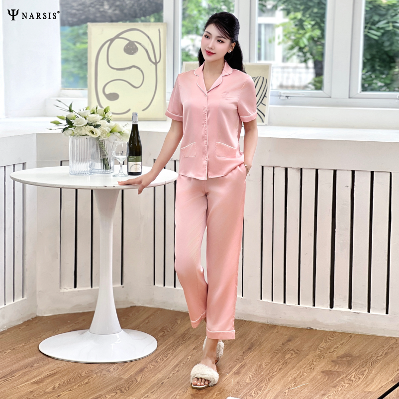 Đồ ngủ pijama lụa Narsis M24037 tay ngắn, quần dài, màu hồng thanh lịch._thumbnail_0