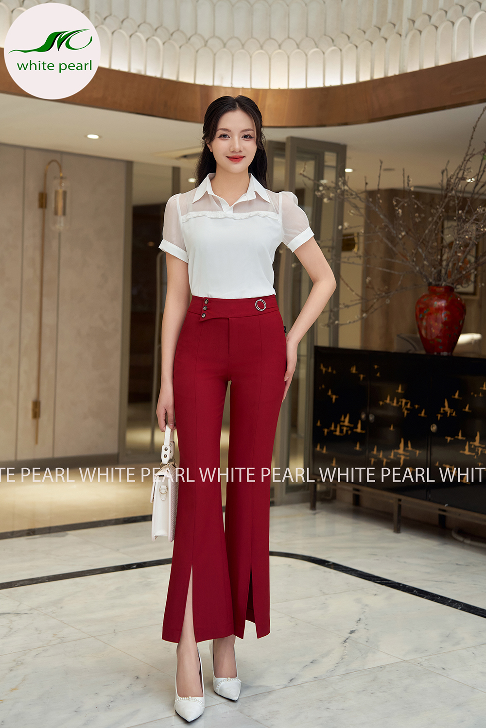 Quần âu nữ ống vảy vạt xéo xẻ trước đai chéo 3 cúc thời trang nữ White Pearl_thumbnail_0