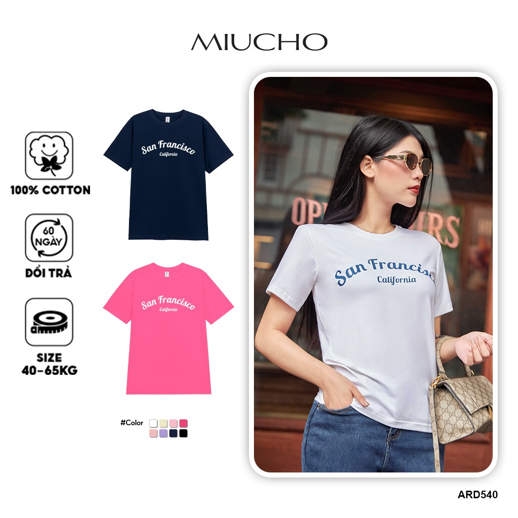 Áo thun nữ form vừa regular ARD540 Miucho Chic cotton cổ tròn in typography