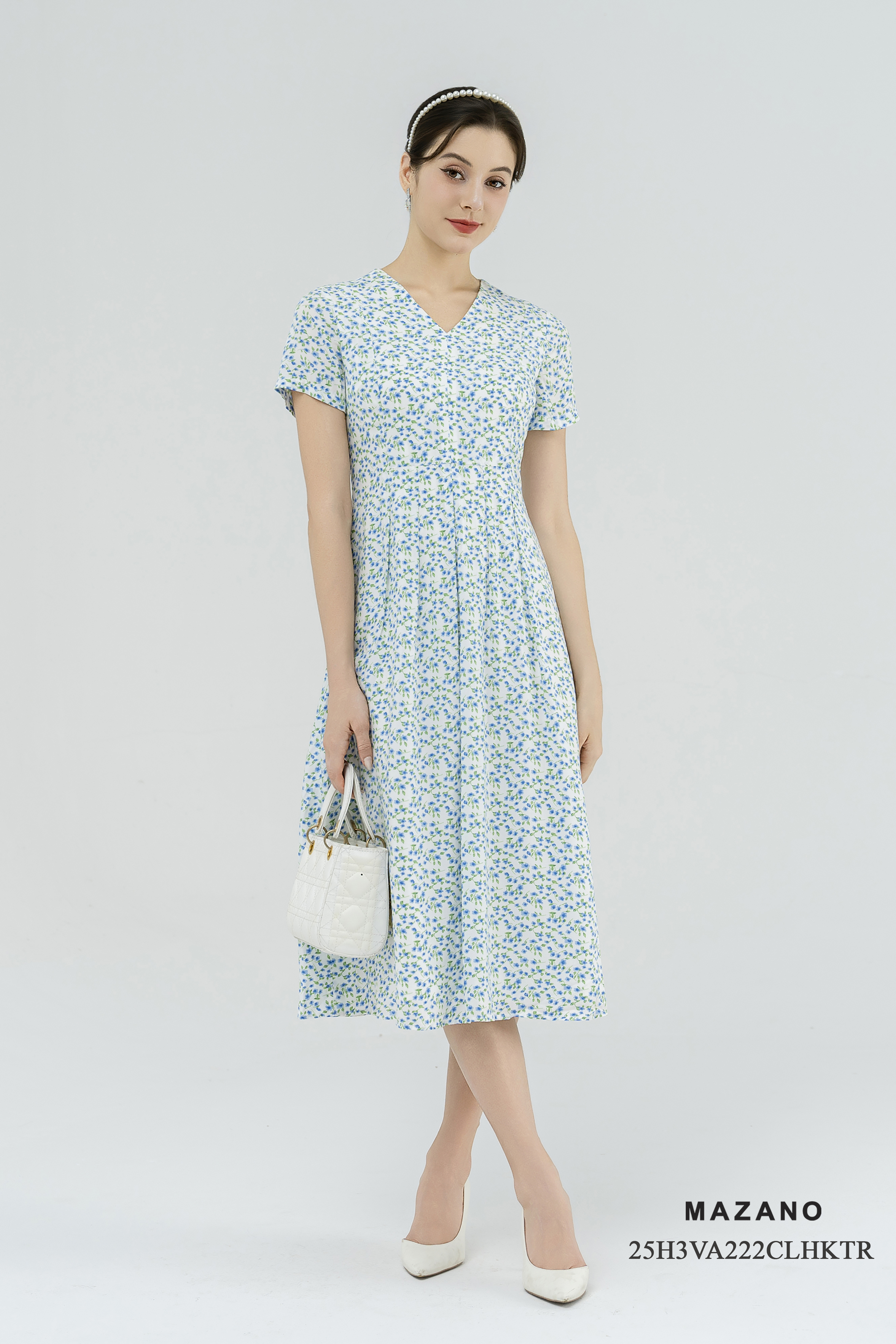 Váy Đầm thân suông nhẹ chân A xếp ly Vải Lanh hàn Họa tiết hoa nhí Cổ V Tay ngắn_thumbnail_1