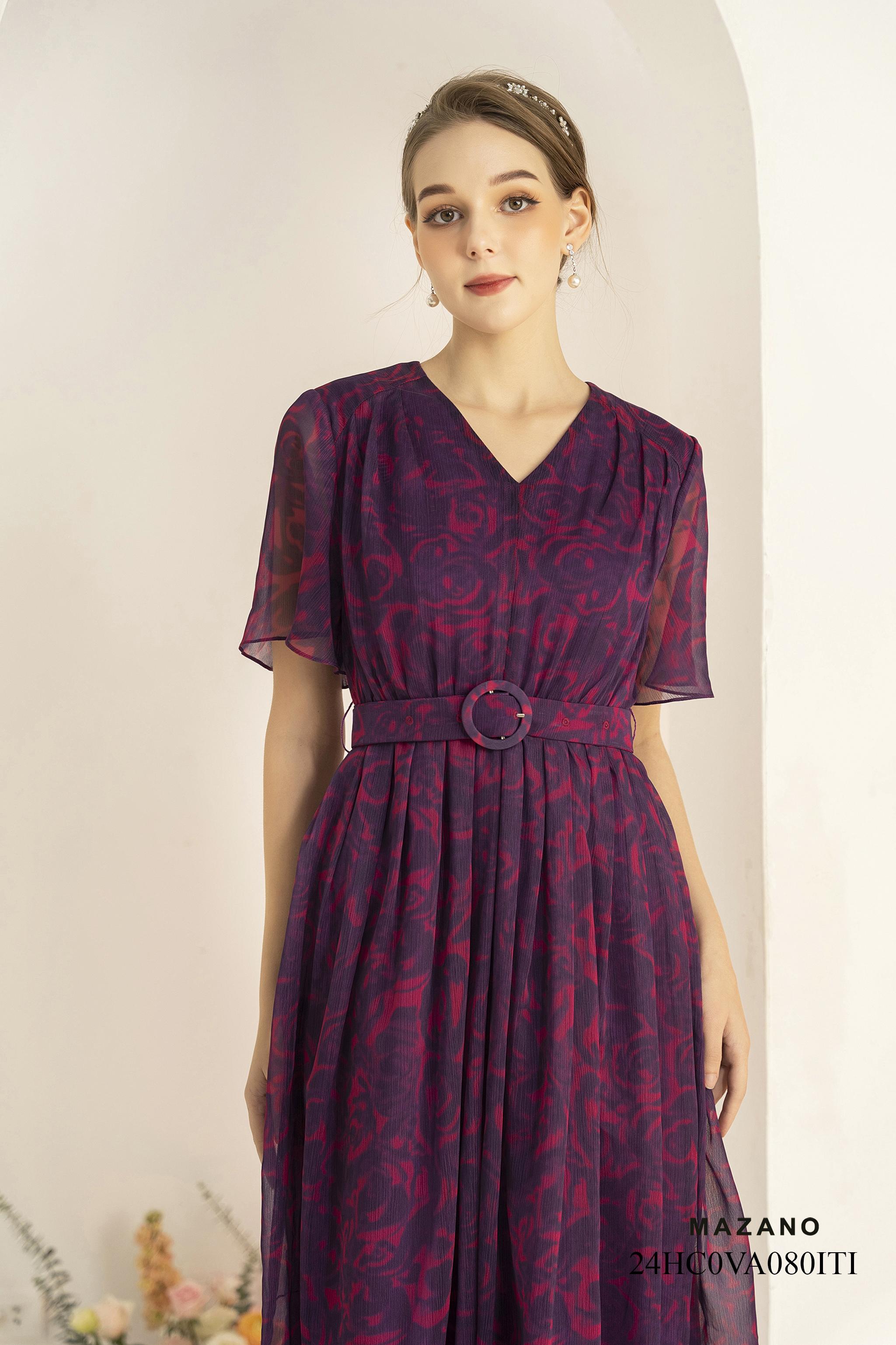 Đầm thắt đai họa tiết hoa hồng loang_thumbnail_4