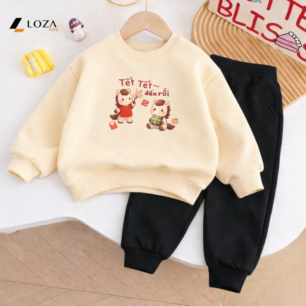 [BST Tết 2026] Bộ nỉ bé trai, bé gái in hình ngựa 