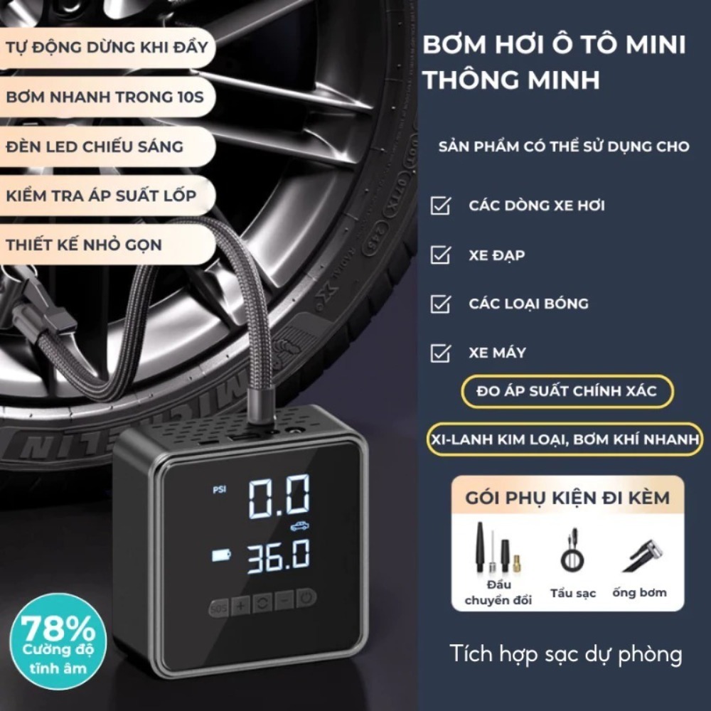Bơm Lốp Ô tô Điện Tử NMIMART - Không Dây, Đèn Led, Sạc Dự Phòng & Động Cơ Đức BXO02._thumbnail_2