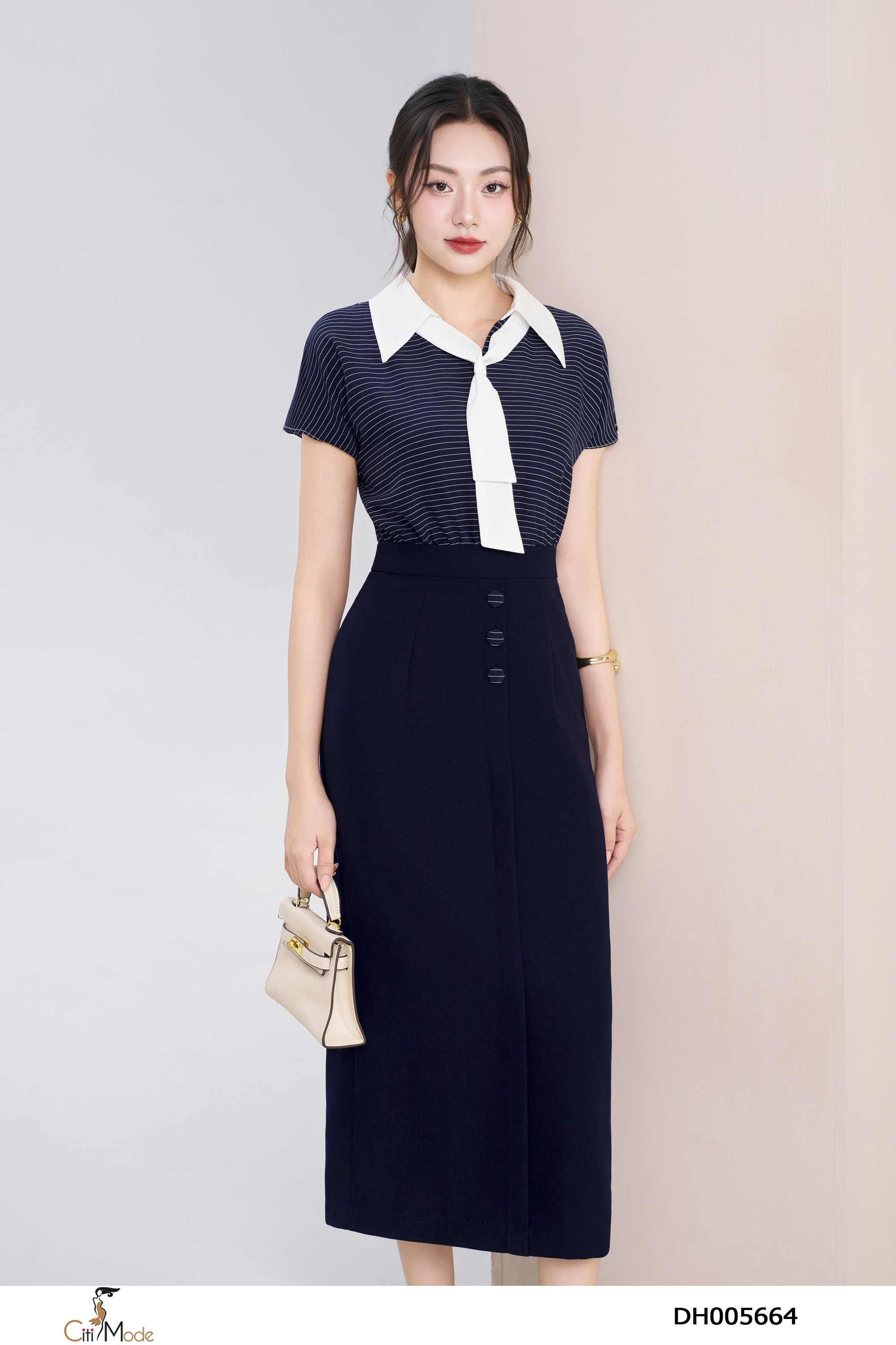 Đầm ôn tím than phối kẻ cổ đức vạt nơ_thumbnail_3