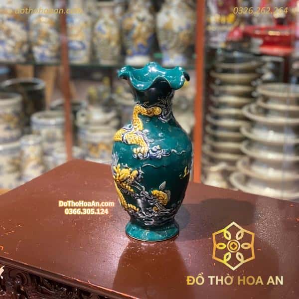 Lọ Hoa Lượn Rồng Đắp Nổi Men Xanh Lục Bảo2