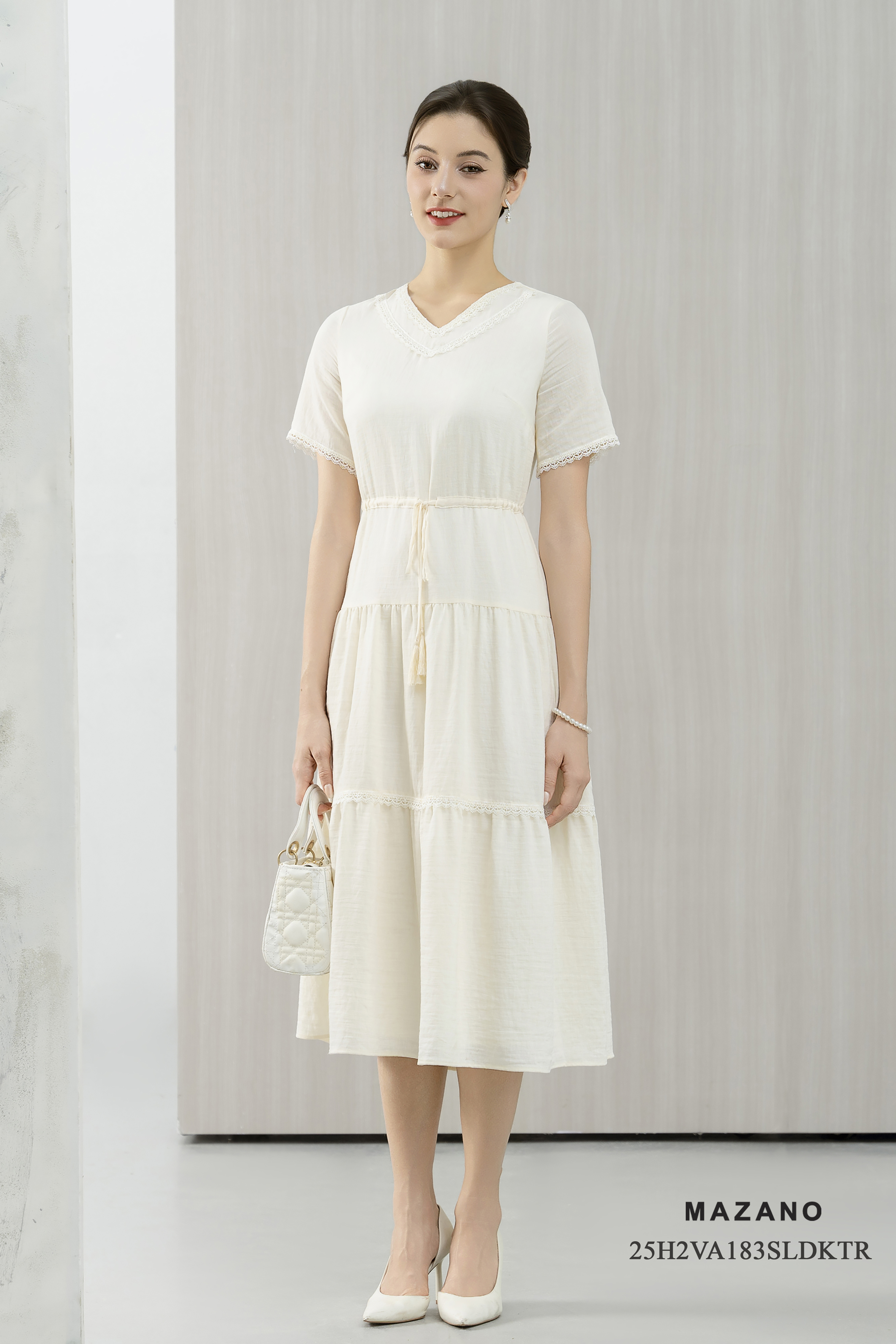 Váy maxi Vải linen lụa Trang trí phối ren Cổ V tay ngắn Dài đến mắt cá chân_thumbnail_1