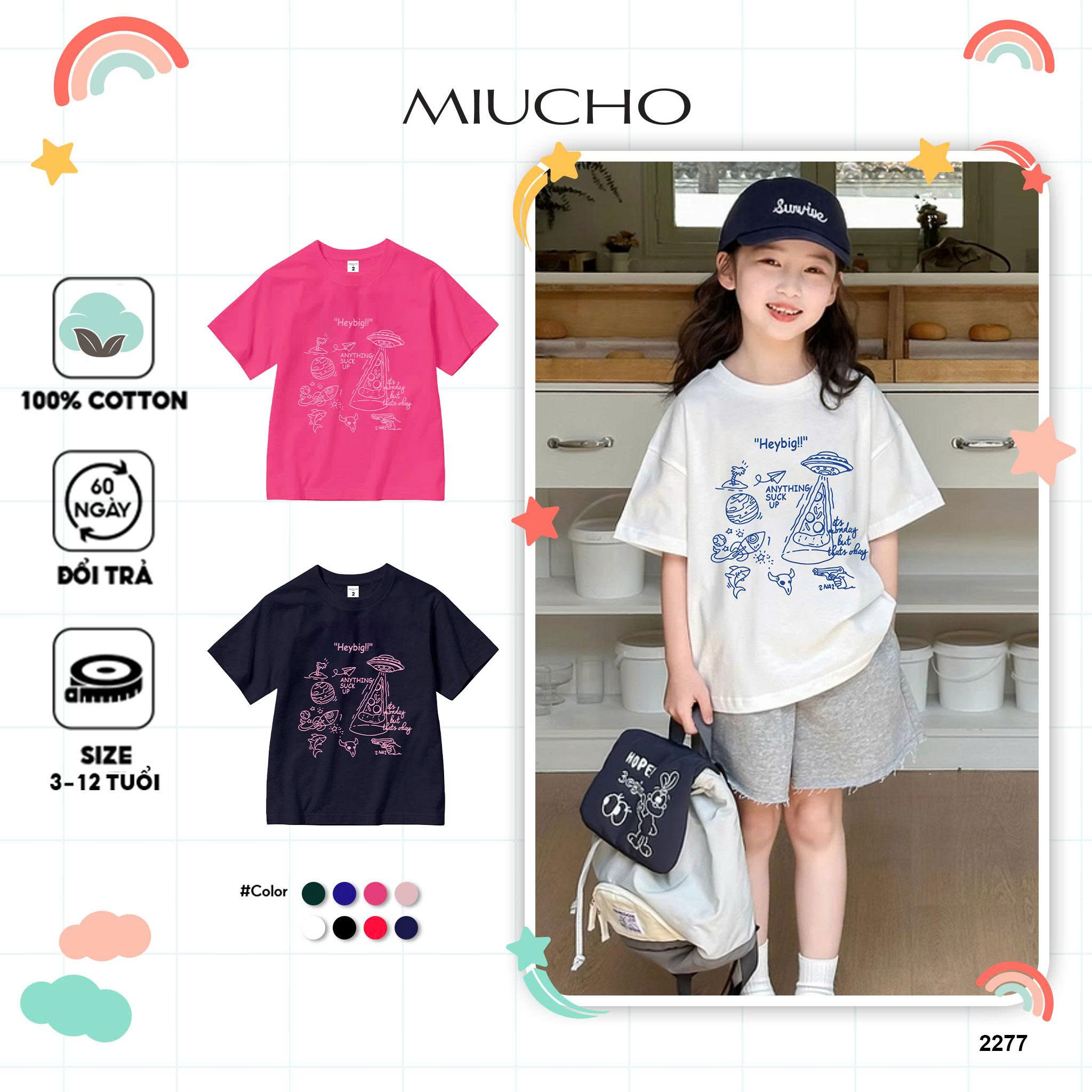 Áo thun cho bé form rộng dáng ngắn AED2277 Miucho vải cotton mềm mại thoáng mát cổ tròn in mix