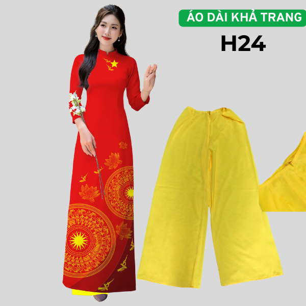 Bộ H24 Áo dài Sao Vàng H24 họa tiết Trống đồng Sao Vàng Hoa Sen Cổ cao 2cm Tay lỡ