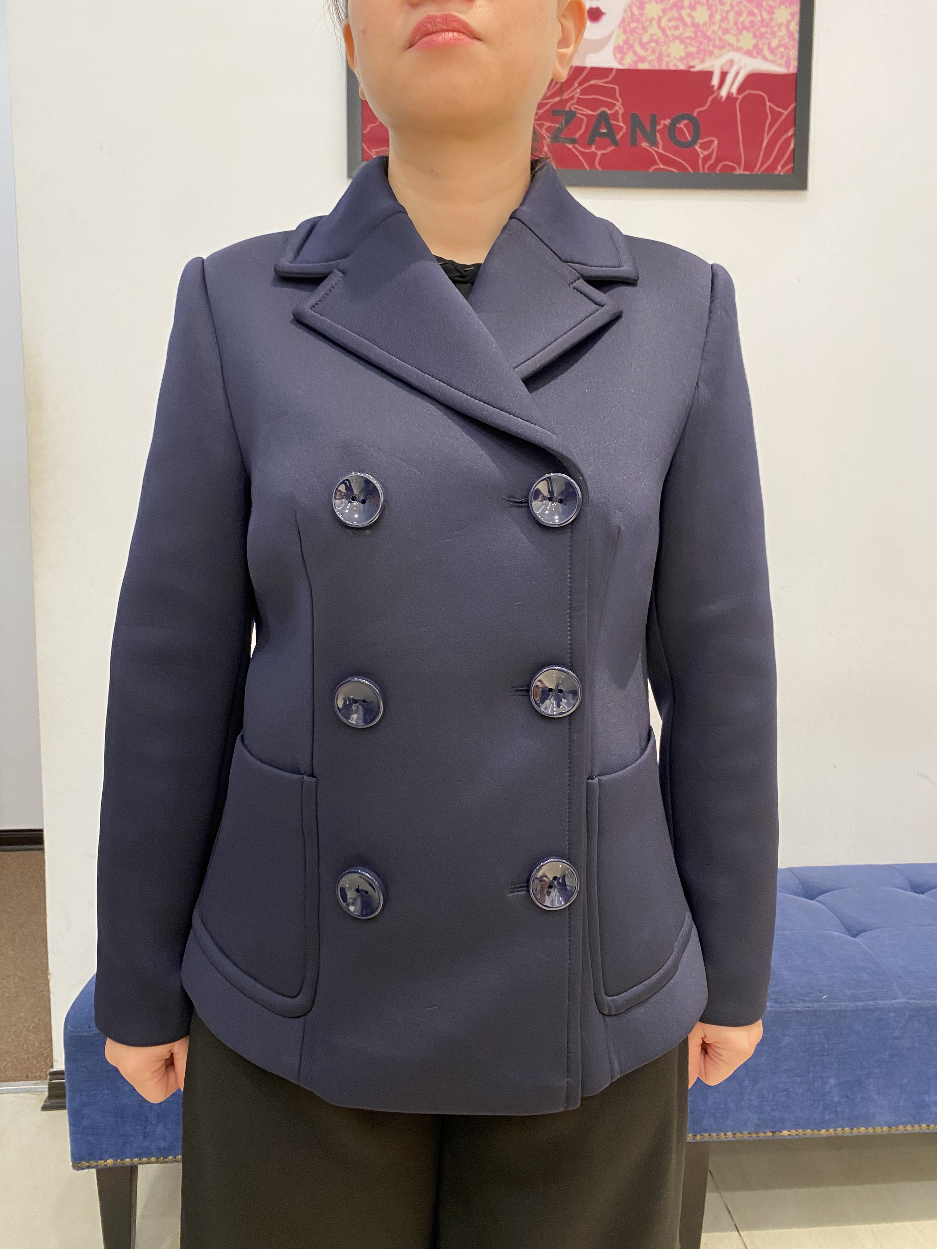 Áo khoác ngắn vạt chồng vải dạ Yumi màu xanh ghi