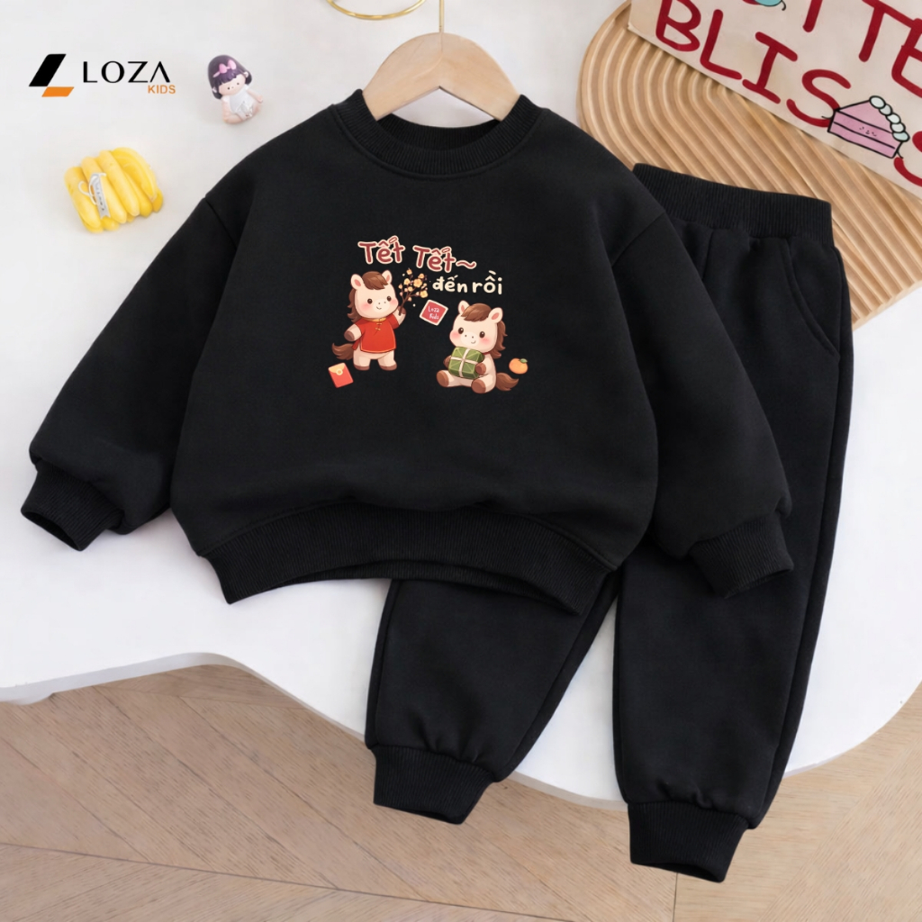 [BST Tết 2026] Bộ nỉ bé trai, bé gái in hình ngựa 