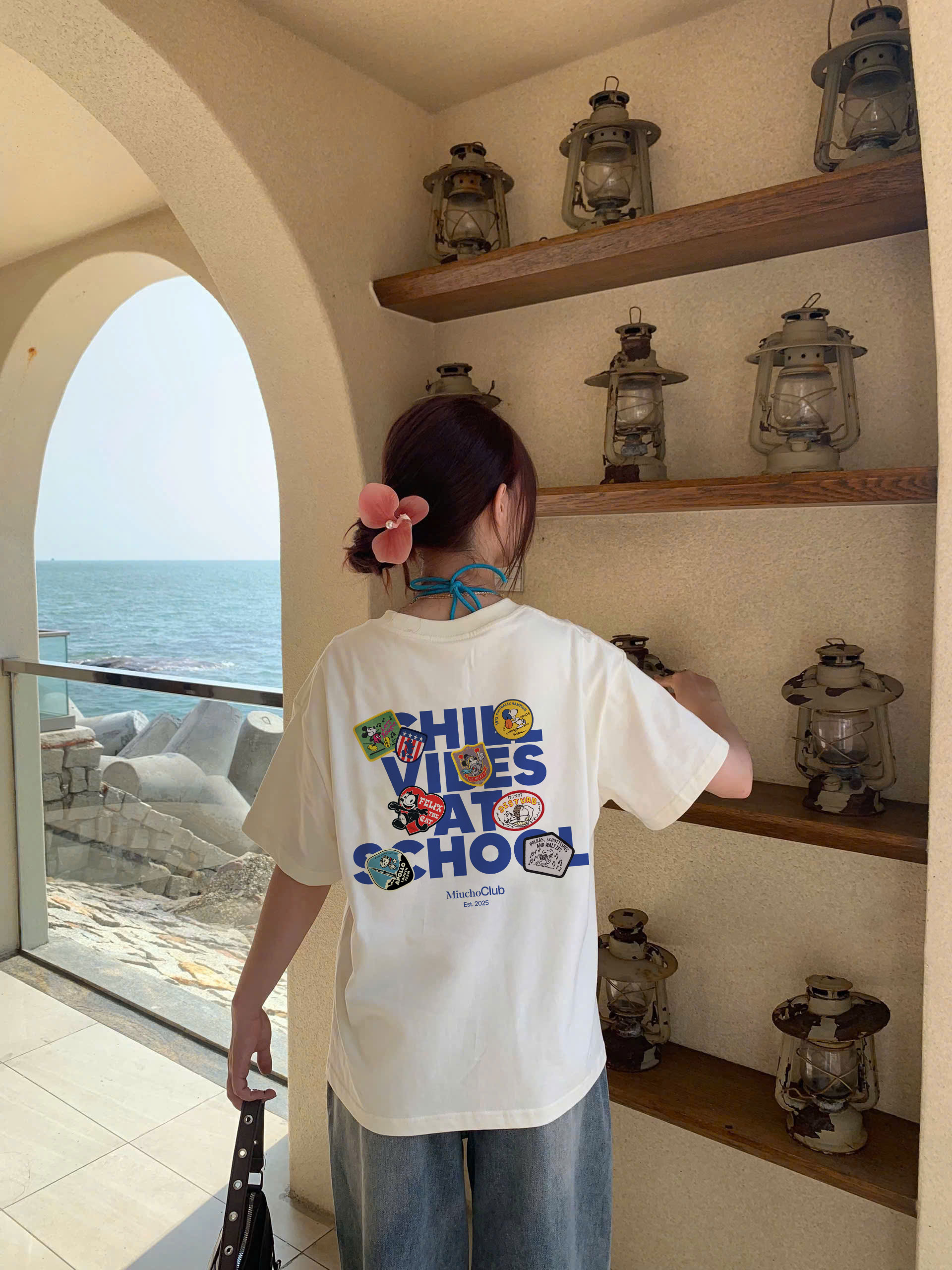 Áo thun boxy chill vibes AXD2434 Miucho cổ tròn vải cotton 2c 250gsm đứng form in mix_thumbnail_2