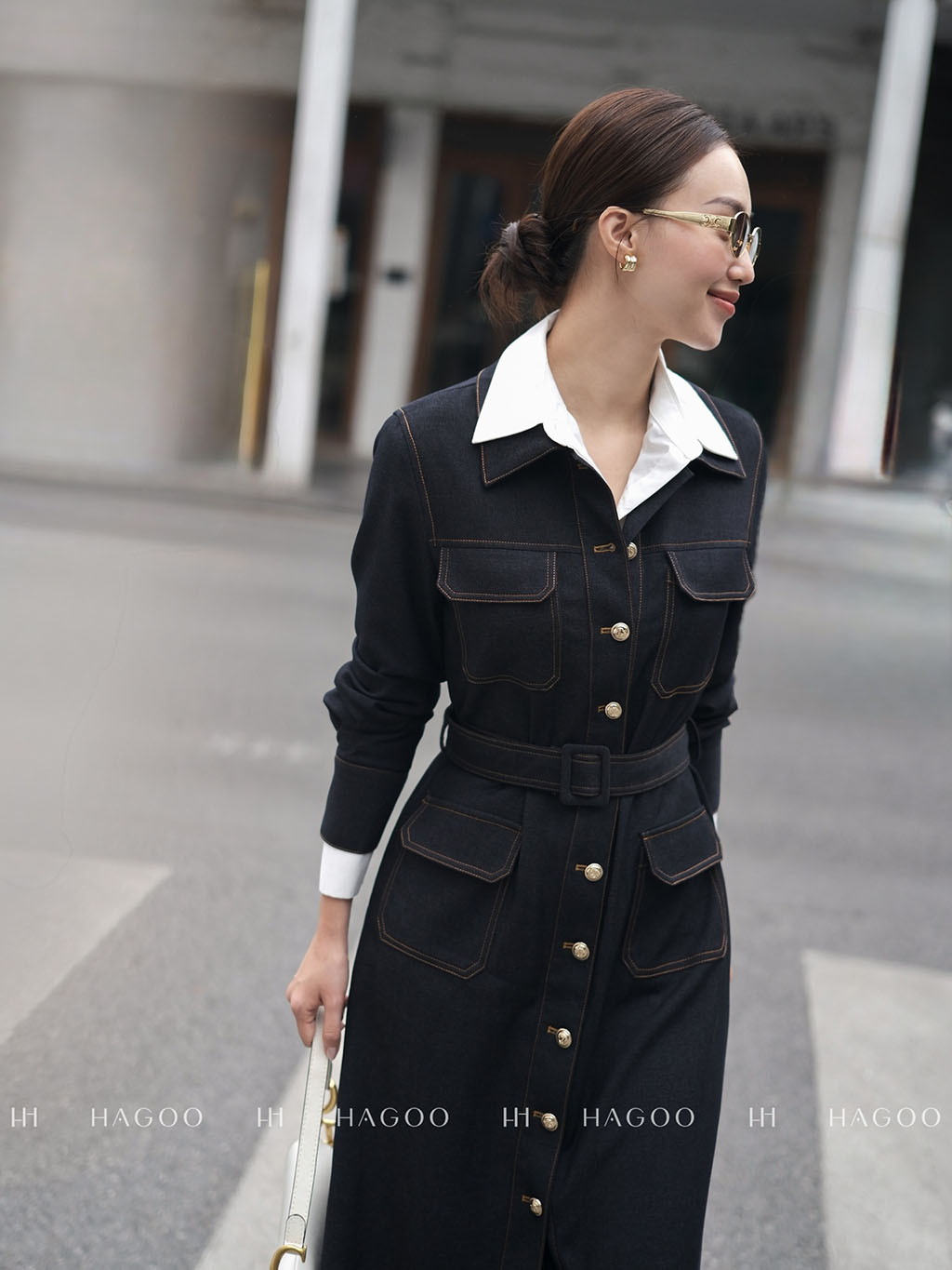 Váy Denim túi ốp diễu chỉ trang trí HAGOO_thumbnail_7