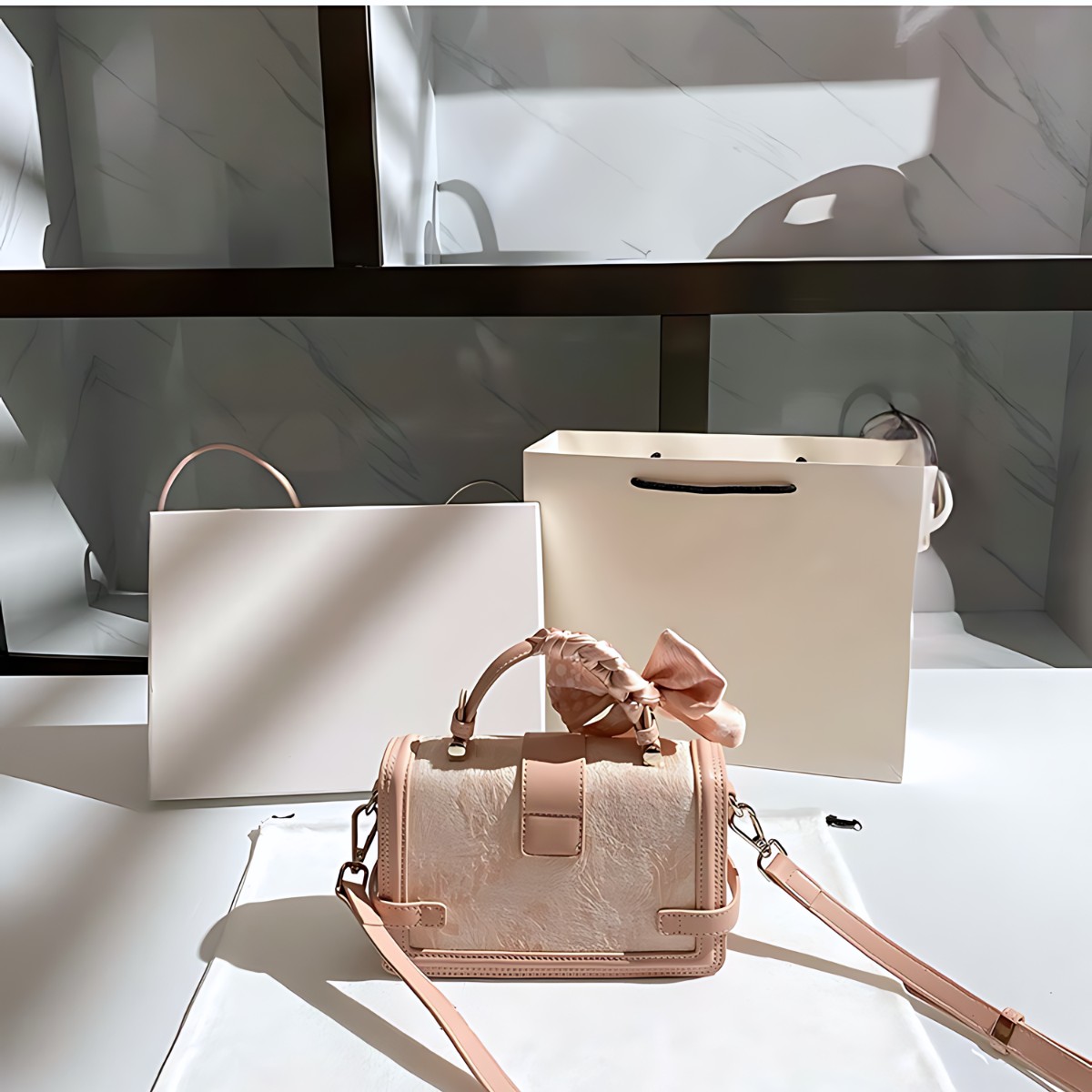 UHE_2522 – Túi xách LUMINA tặng khăn lụa | Da thêu hoa – 2 màu Hồng phấn & Xám bạc