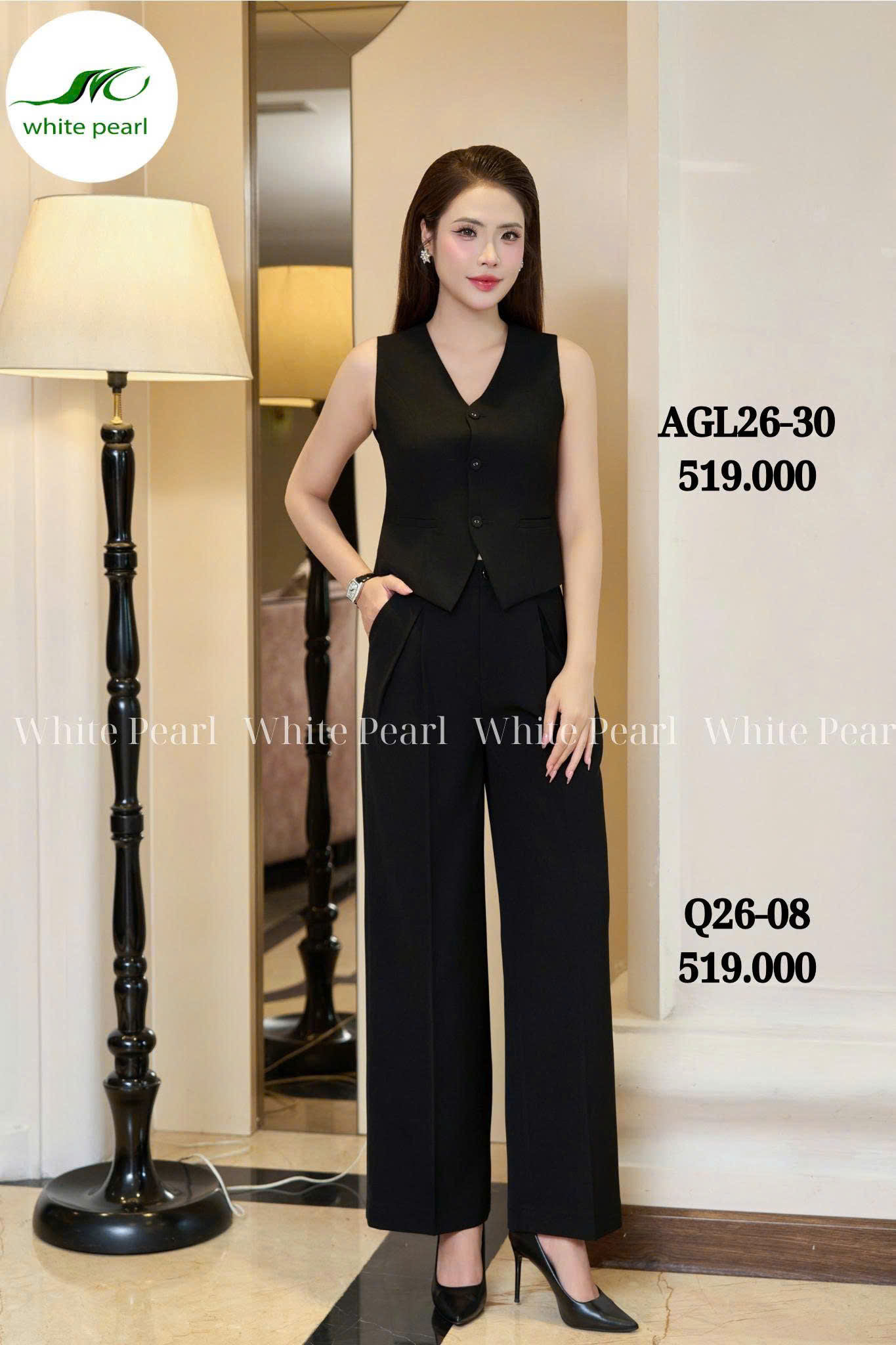 SET AGL26-30 Áo gile kết hợp Quần suông  Q26-08 thời trang công sở cao cấp White Prarl