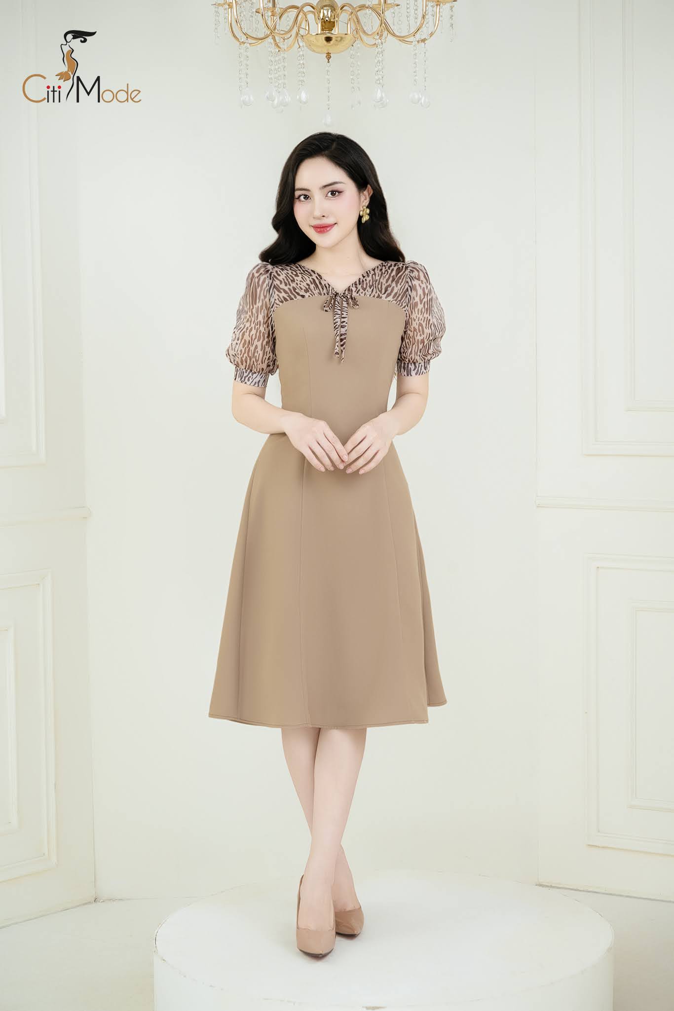 Đầm xoè nâu phối hoạ tiết da báo đính nơ_thumbnail_2