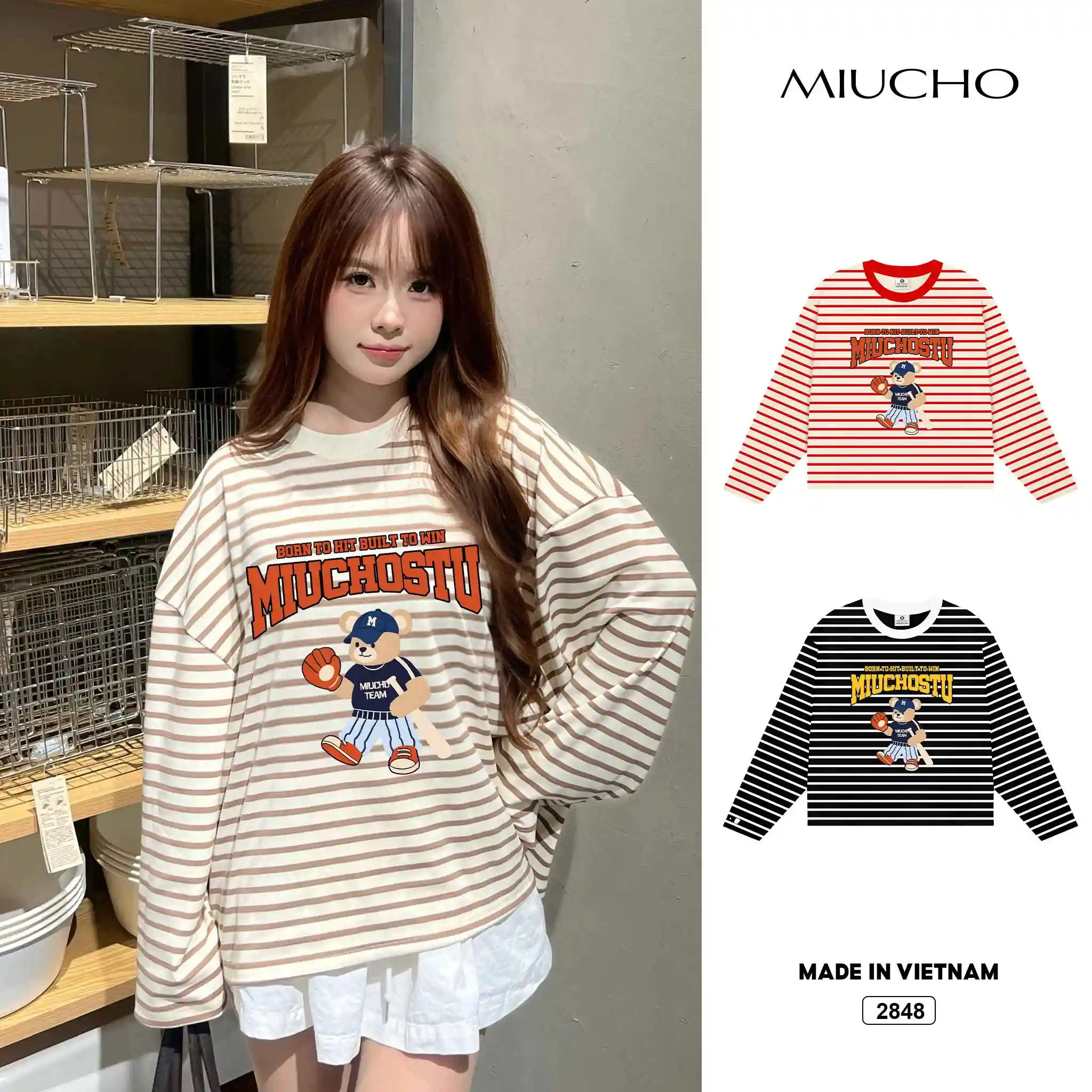 Áo thun boxy tay dài Miucho vải borip mềm mại thoáng mát hình gấu bóng chày in mix 2848