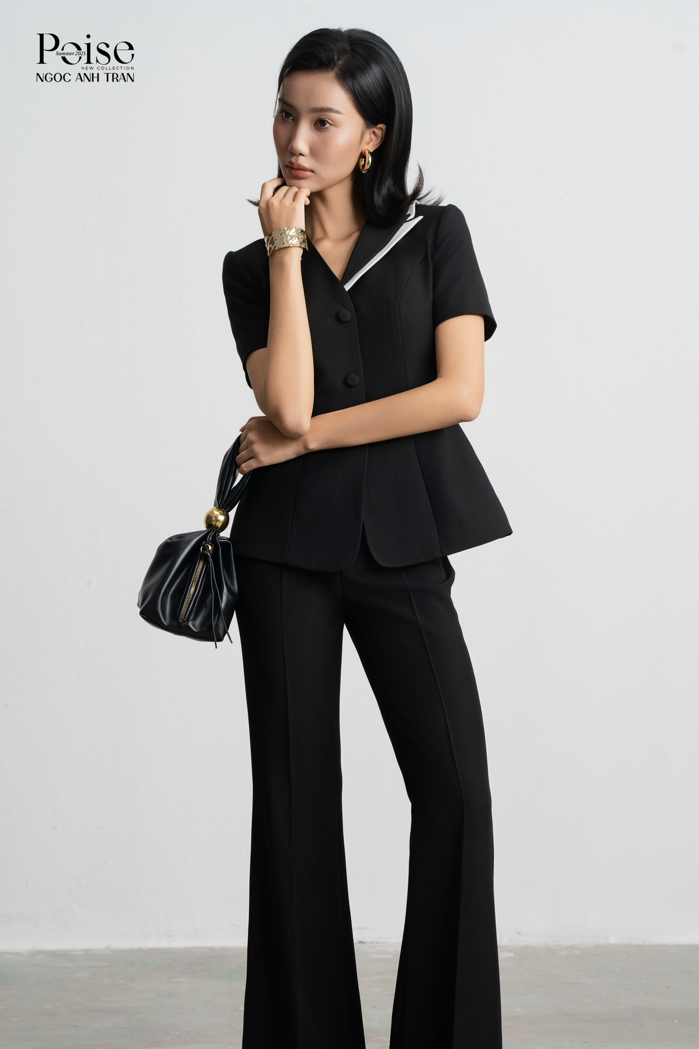 Set V040 - Set vest cộc tay cổ cách điệu kèm quần ống loe