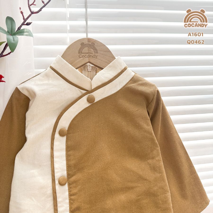 Áo dài linen NÂU phối BE cúc chéo_thumbnail_3