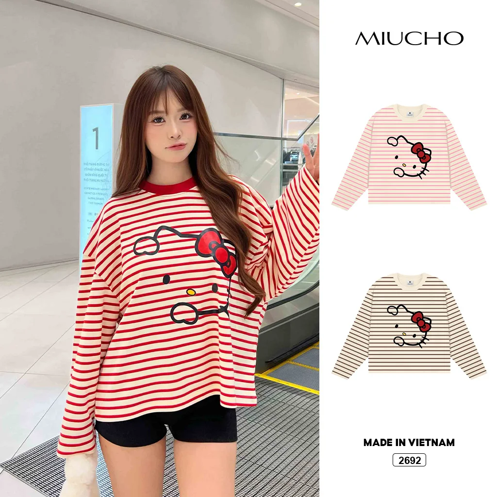 Áo thun nữ form boxy tay dài Miucho vải borip thoáng mát dày dặn hello kitty in mix 2692