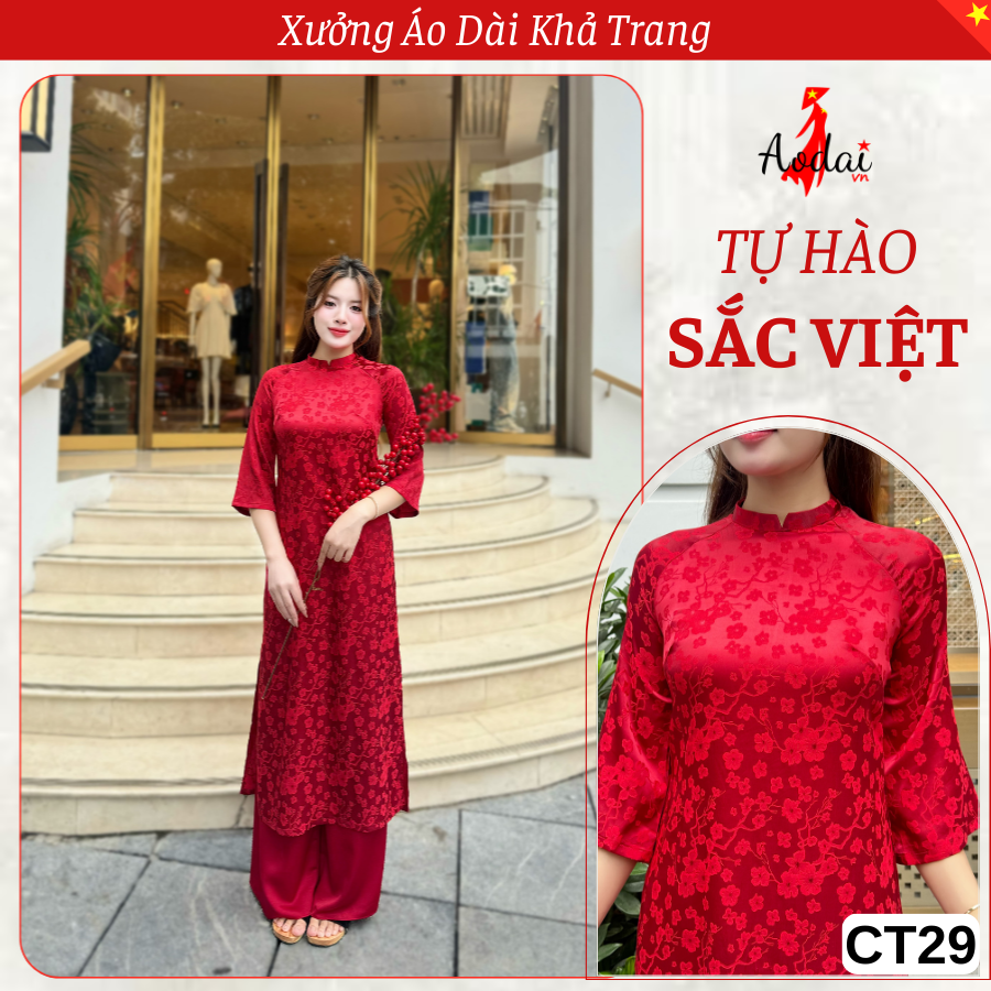 CT29 Áo Dài Cách Tân Dáng Suông Gấm Hoa Đào màu Đỏ Đô Cổ Cao 2cm Tay Lỡ_thumbnail_2