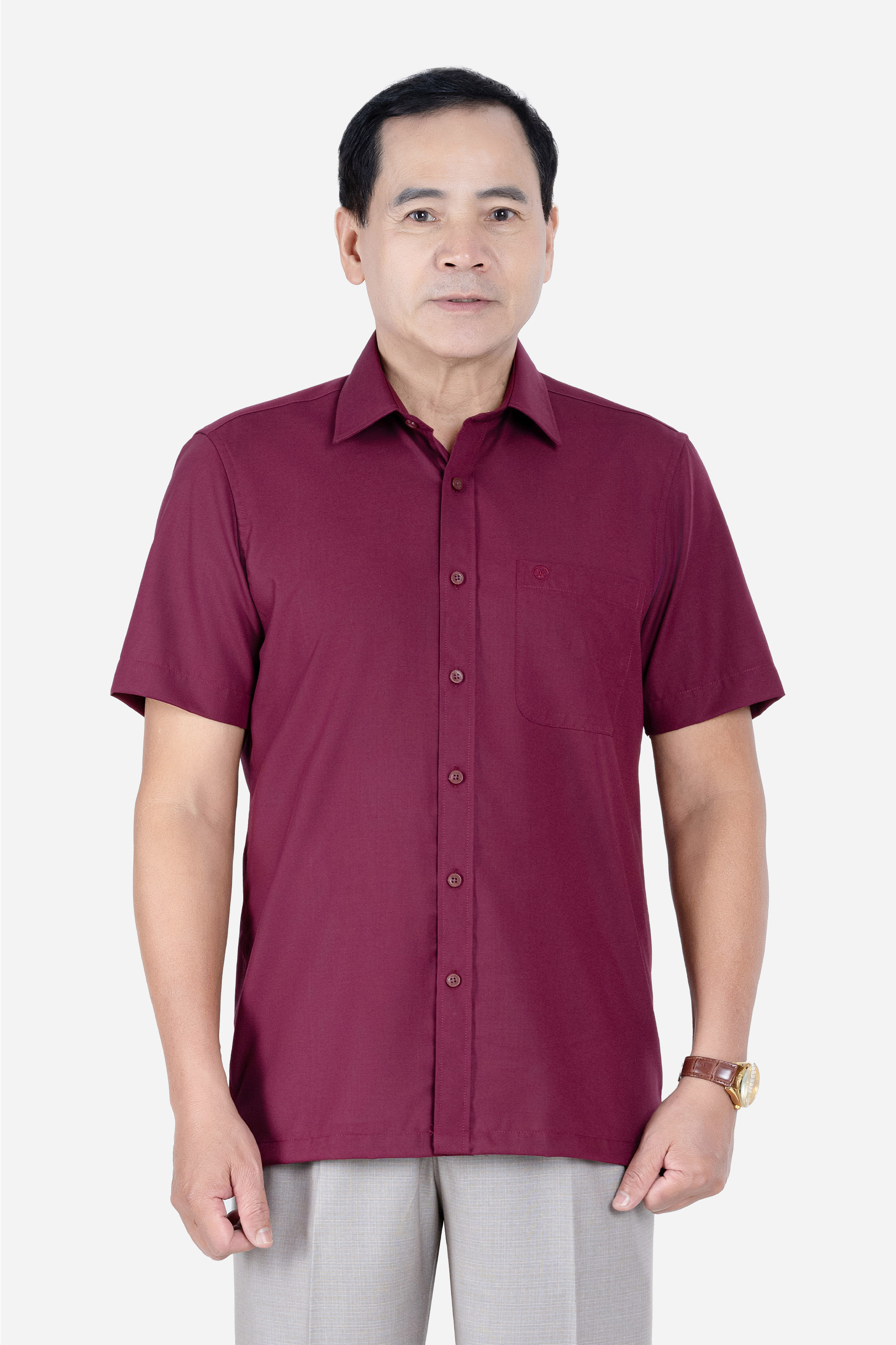 Sơ Mi Trơn Cộc Tay Nam Trung Niên Chất Liệu Cotton Nhập Khẩu Màu Đỏ Đô