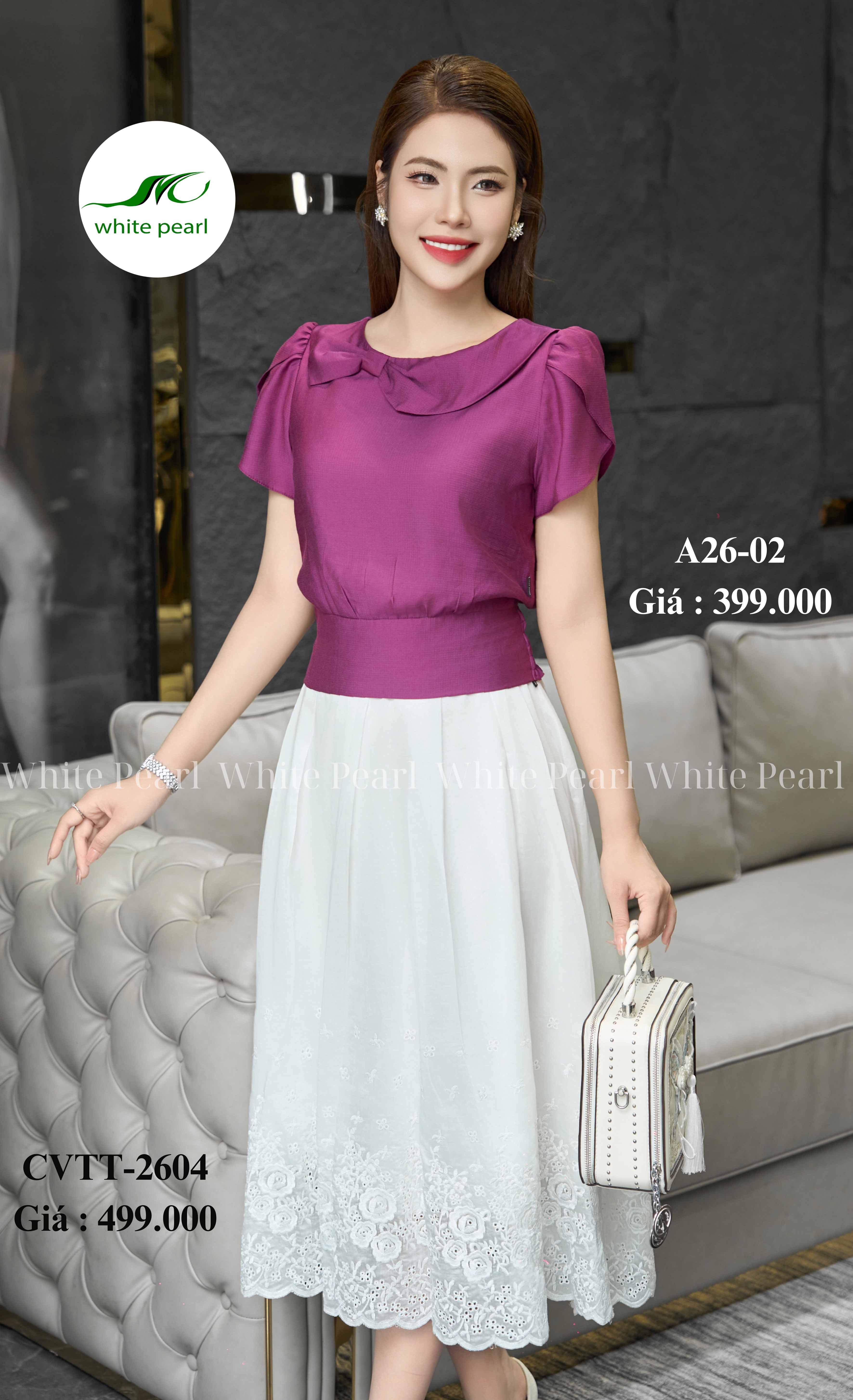 Áo sơ mi bo chun thắt nơ thời trang công sở cao cấp White Pearl_thumbnail_2