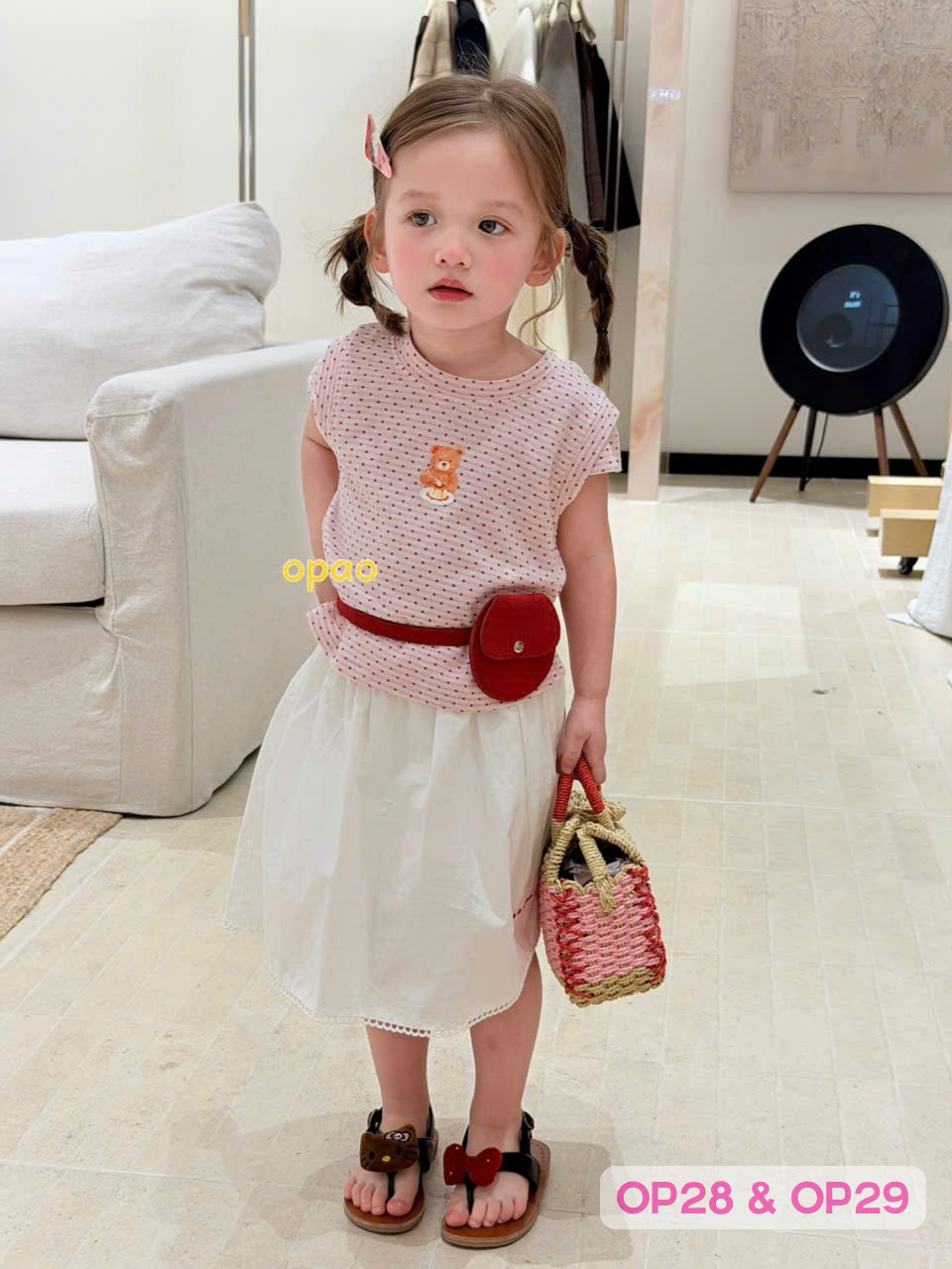 OP28 - Áo thun chấm bi hình thêu gấu hãng Opao