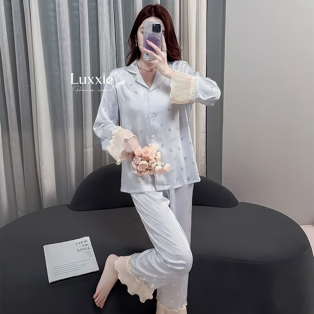 LEDAI08 Pijama lụa xanh nơ viền voan