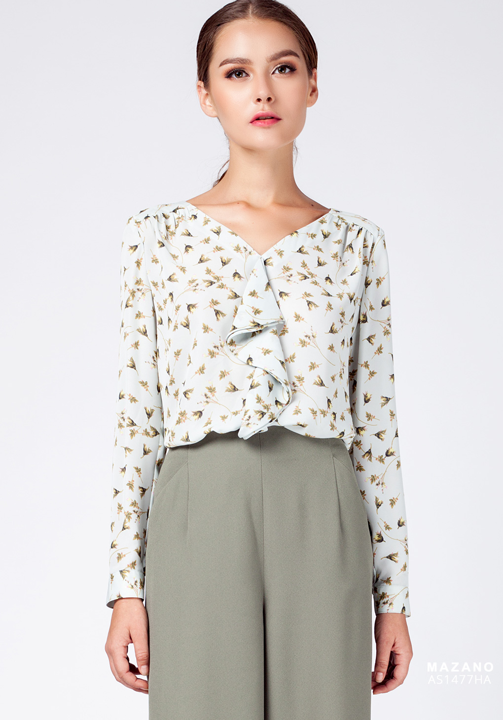 Áo sơ mi hoa bèo ngực cổ V dài tay