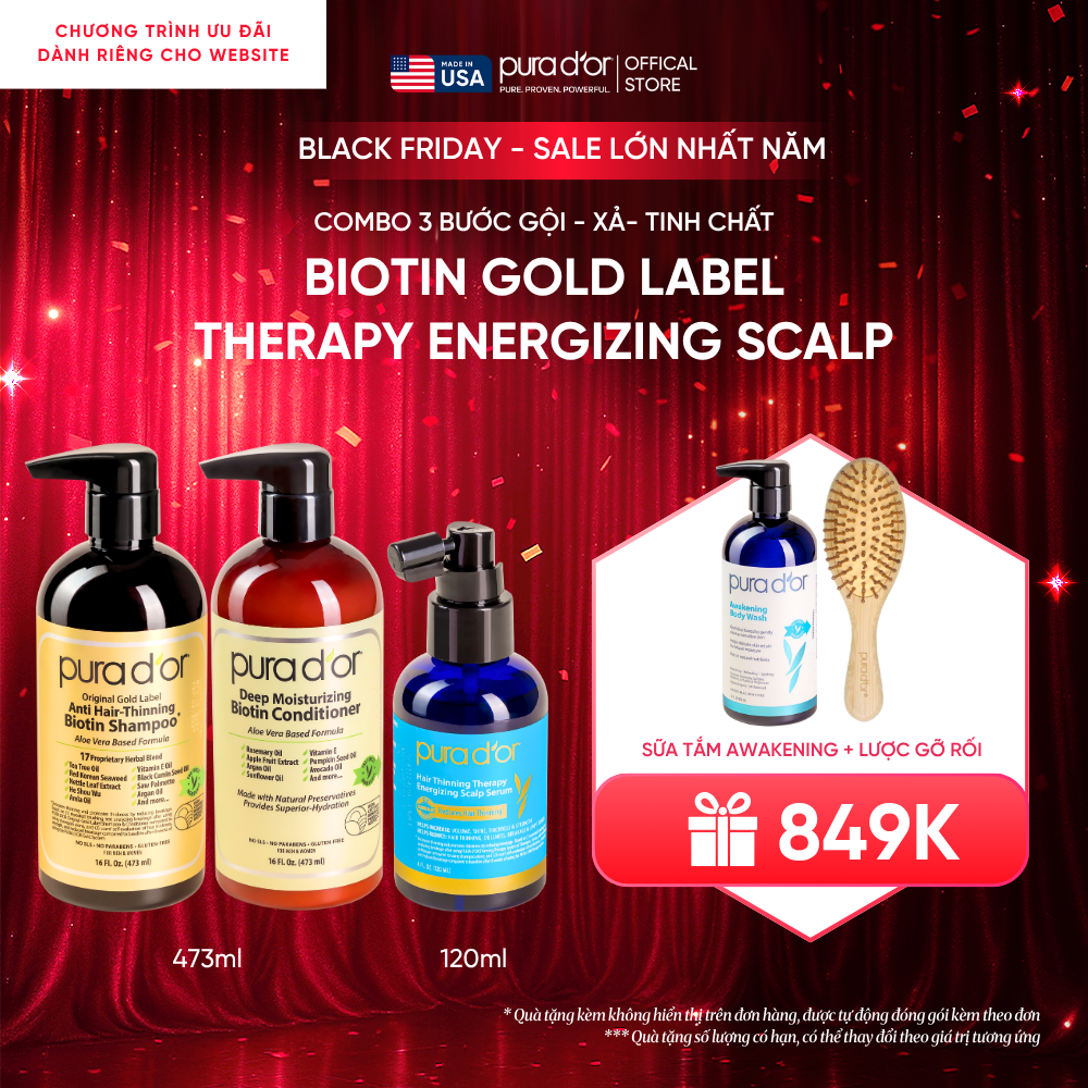 Combo 3 Bước Dầu Gội, Dầu Xả, Giảm Rụng Tóc Organic Pura D'or Biotin Gold Label 473ML | Chăm Sóc Tóc, Chăm Sóc Da Đầu, Dưỡng Tóc, Hỗ Trợ Mọc Tóc - Mega Livestream - Combo 3 bước 473ml