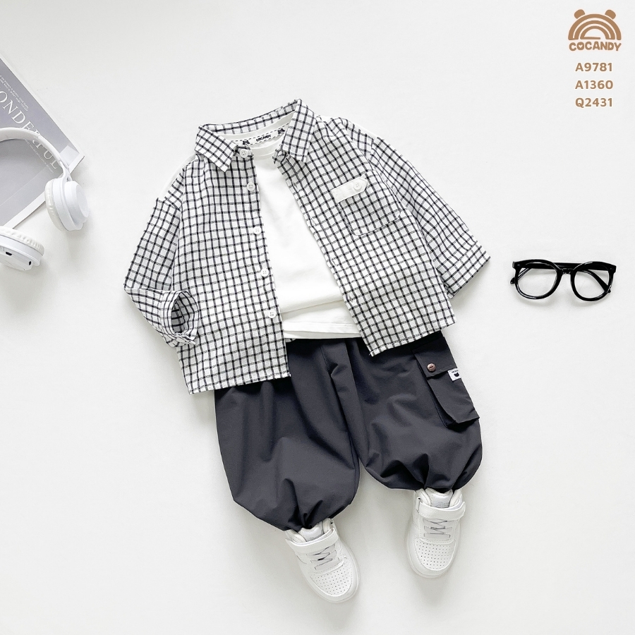 Áo dài caro ĐEN TRẮNG phối túi nẹp be_thumbnail_5