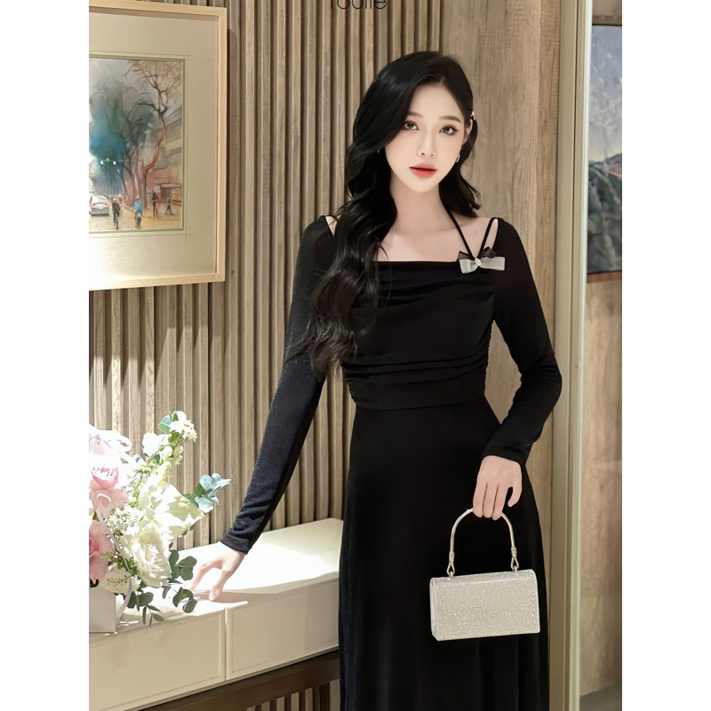 Đầm đen dự tiệc cổ vuông sang trọng, váy đen nữ dáng dài phối dây nơ cổ, váy đi tiệc nhún eo tay dài Loga store L126