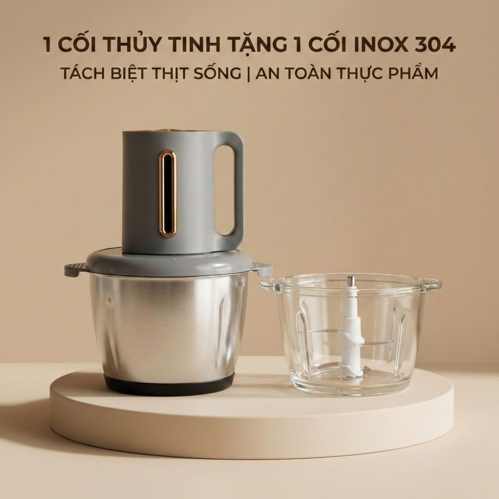 Máy xay thịt cối thủy tinh 2L tặng kèm cối inox Mishio MK444