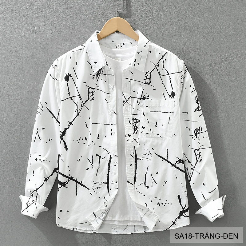 SA18 - Áo Sơ Mi Nam Tay Dài Phong Cách Nhật Bản In Hình Nghệ Thuật Dáng Rộng