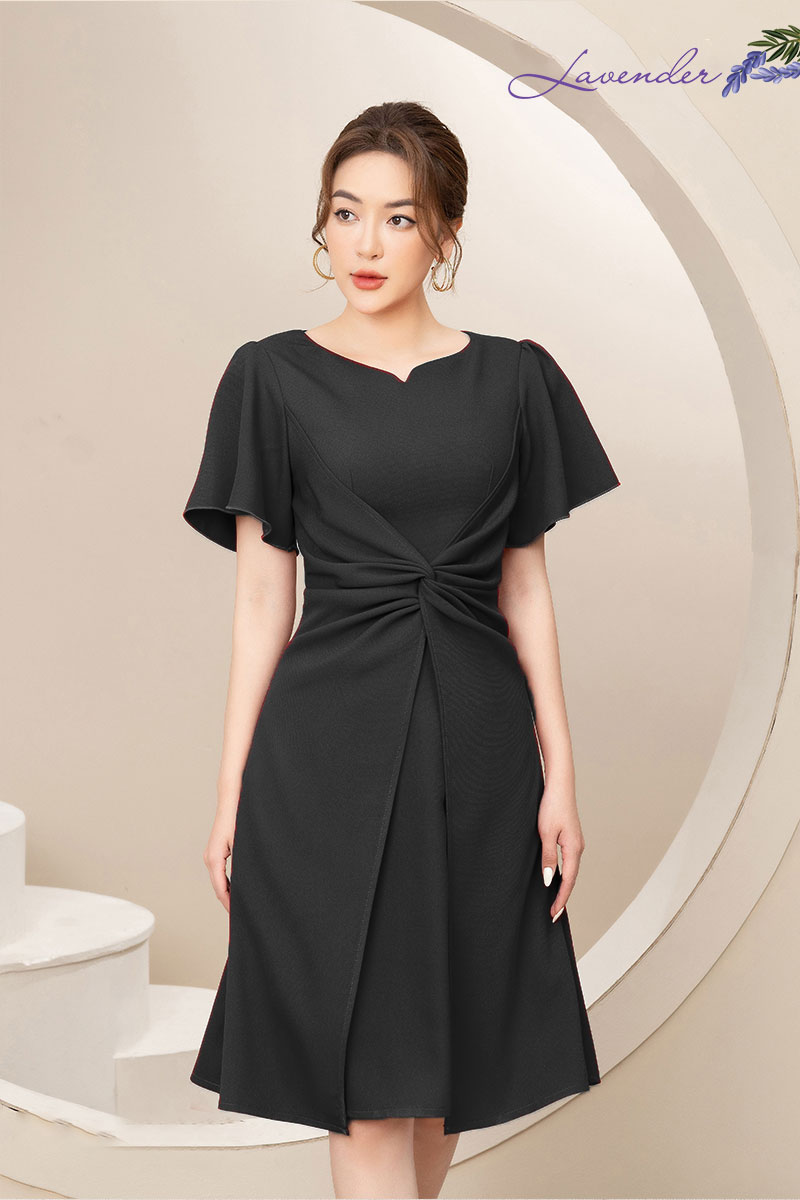 Đầm xòe công sở Thời trang Lavender cổ xẻ xoắn eo tay bèo chất co giãn D2433_thumbnail_7