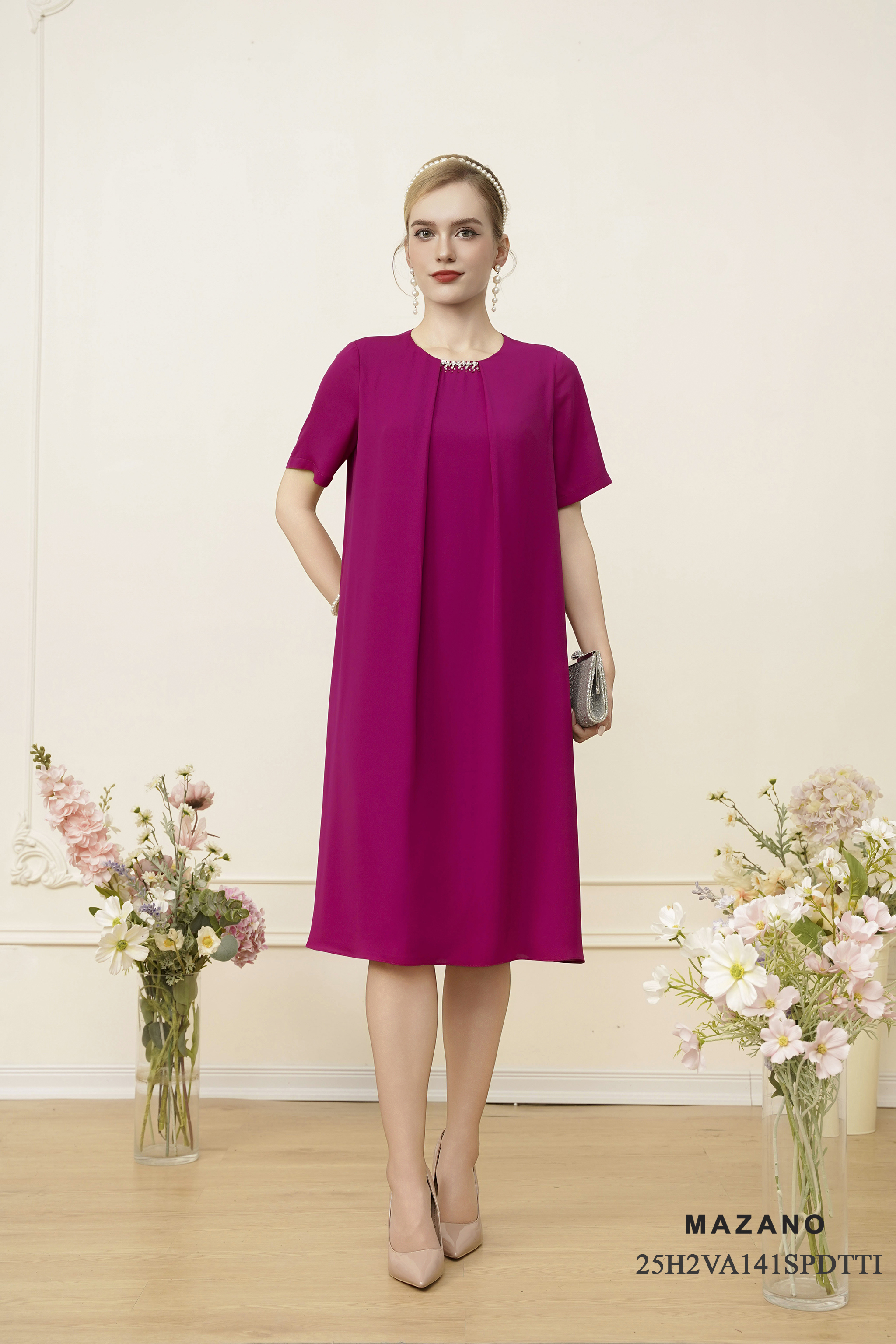 Váy Đầm suông A Vải voan  Đính trang trí Cổ tròn Tay ngắn Dài váy qua gối