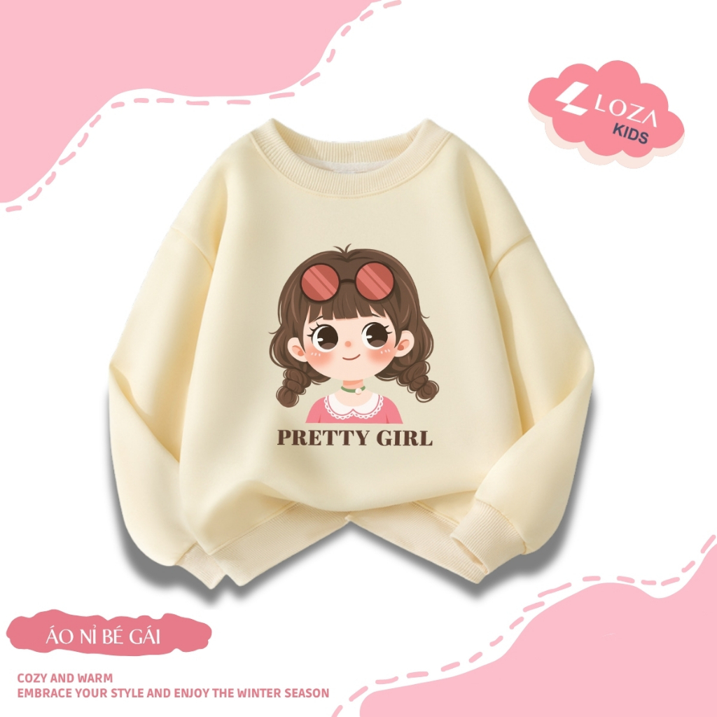 Áo sweater bé gái SWEET GIRL, PRETTY GIRL - Áo nỉ trẻ em cổ tròn size từ 15-40kg  Loza Kids IN003