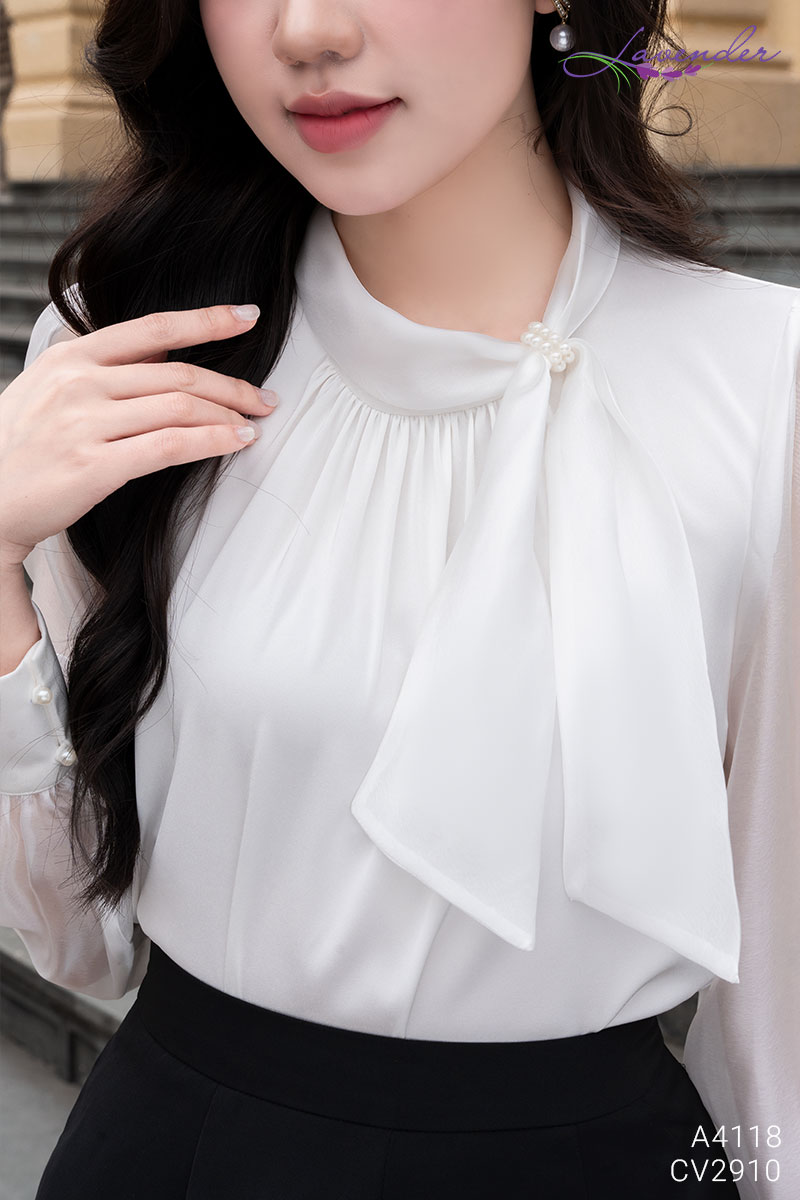 Set Áo sơ mi trắng cổ nơ lệch phối tơ A4118_thumbnail_2